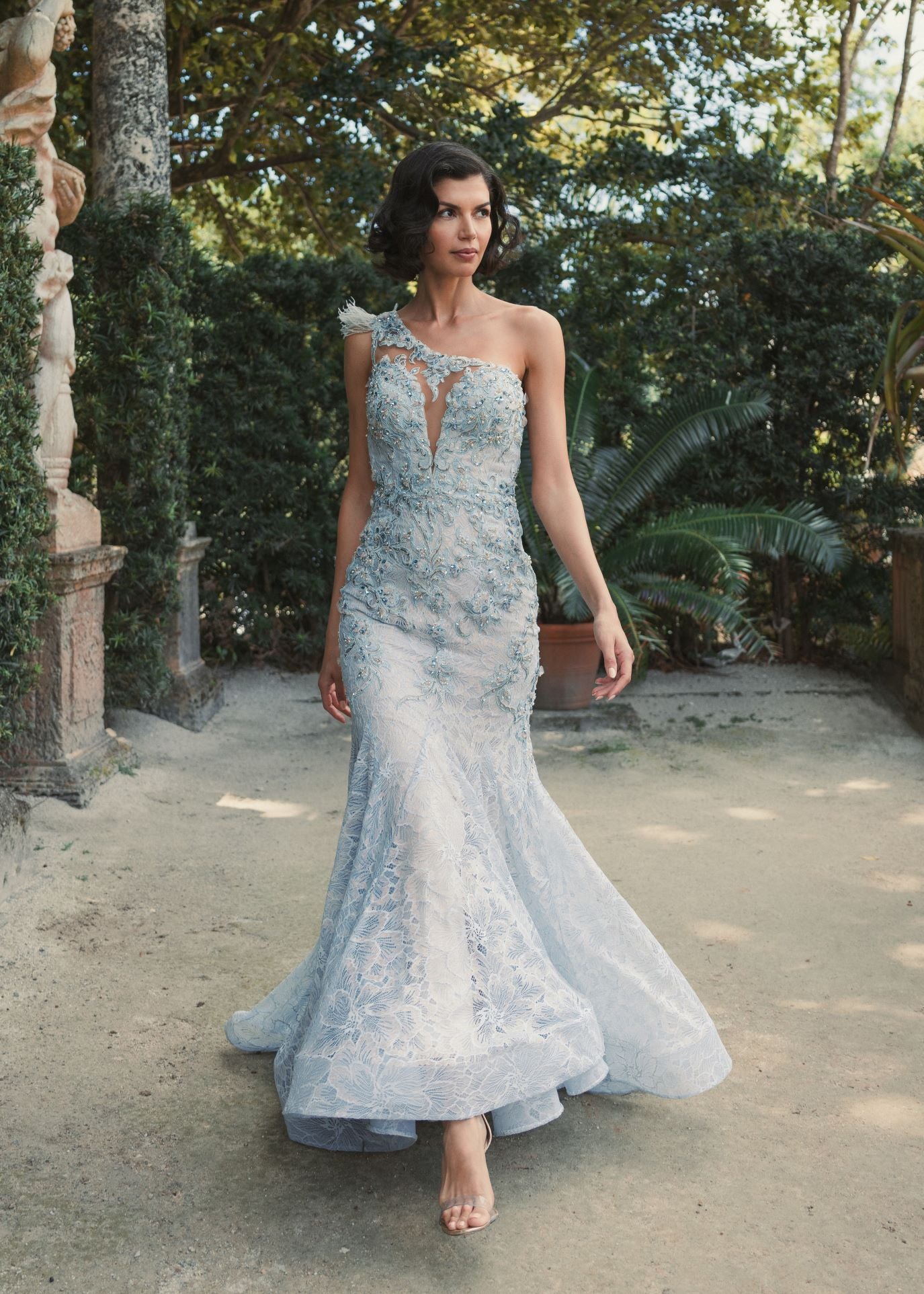 One Shoulder light blue dress with floral lace and embellishment details