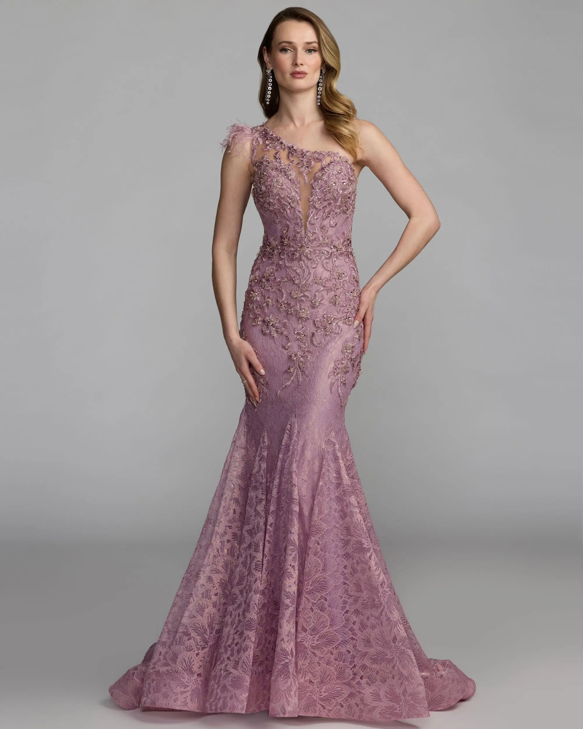 Pink Embellished Lace One Shoulder Gown With Feather Detail - Mac Duggal