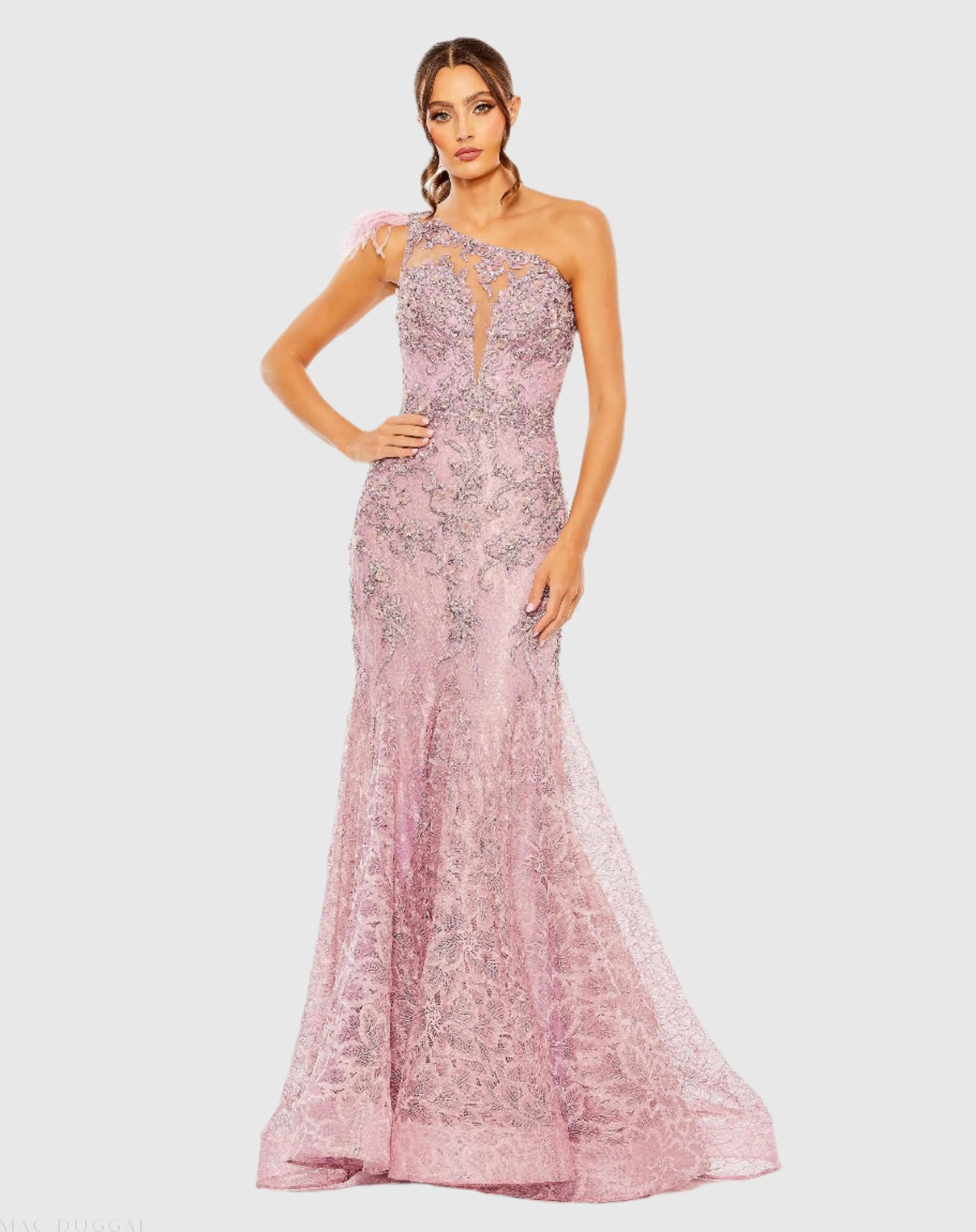 Pink Embroidered Applique Feathered One Shoulder Trumpet Gown - Mac Duggal