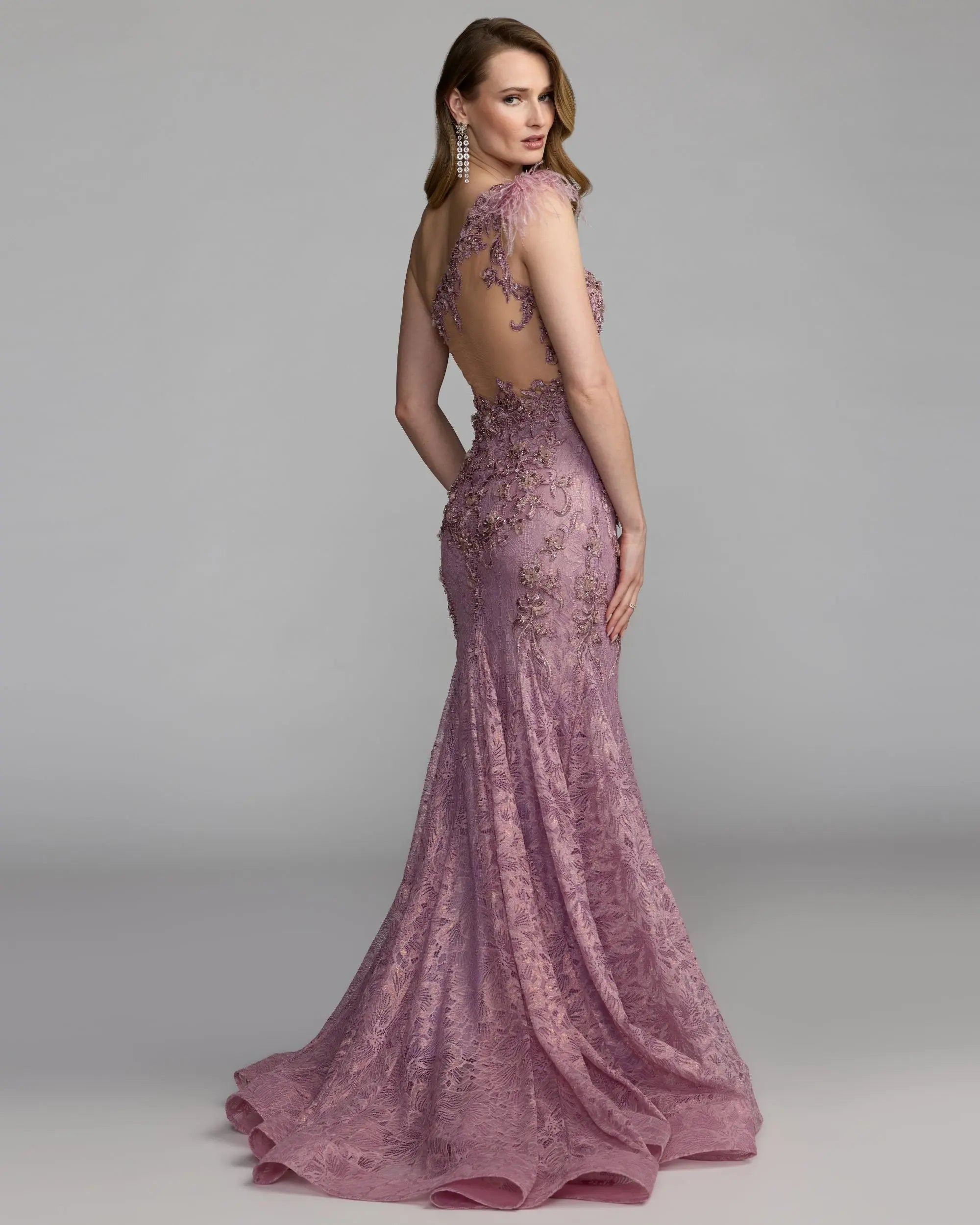 Pink Embellished Lace One Shoulder Gown With Feather Detail - Mac Duggal