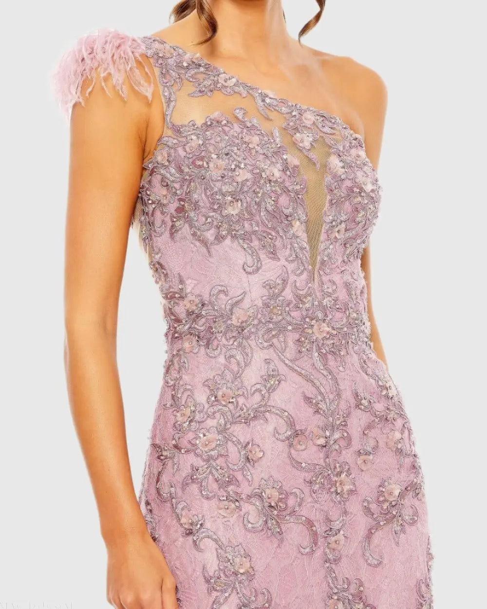 Pink Embroidered Applique Feathered One Shoulder Trumpet Gown - Mac Duggal