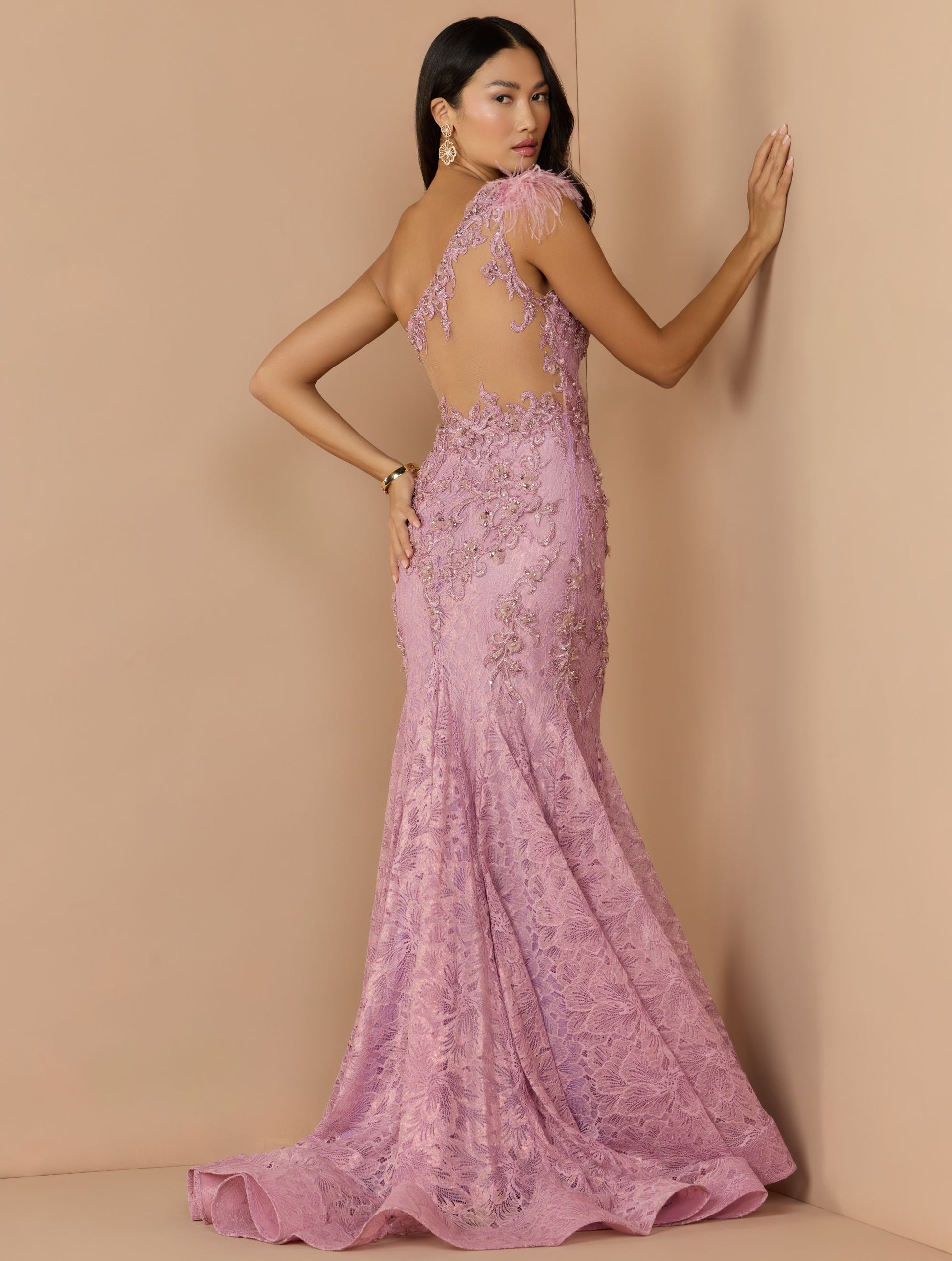Pink Embellished Lace One Shoulder Gown With Feather Detail - Mac Duggal