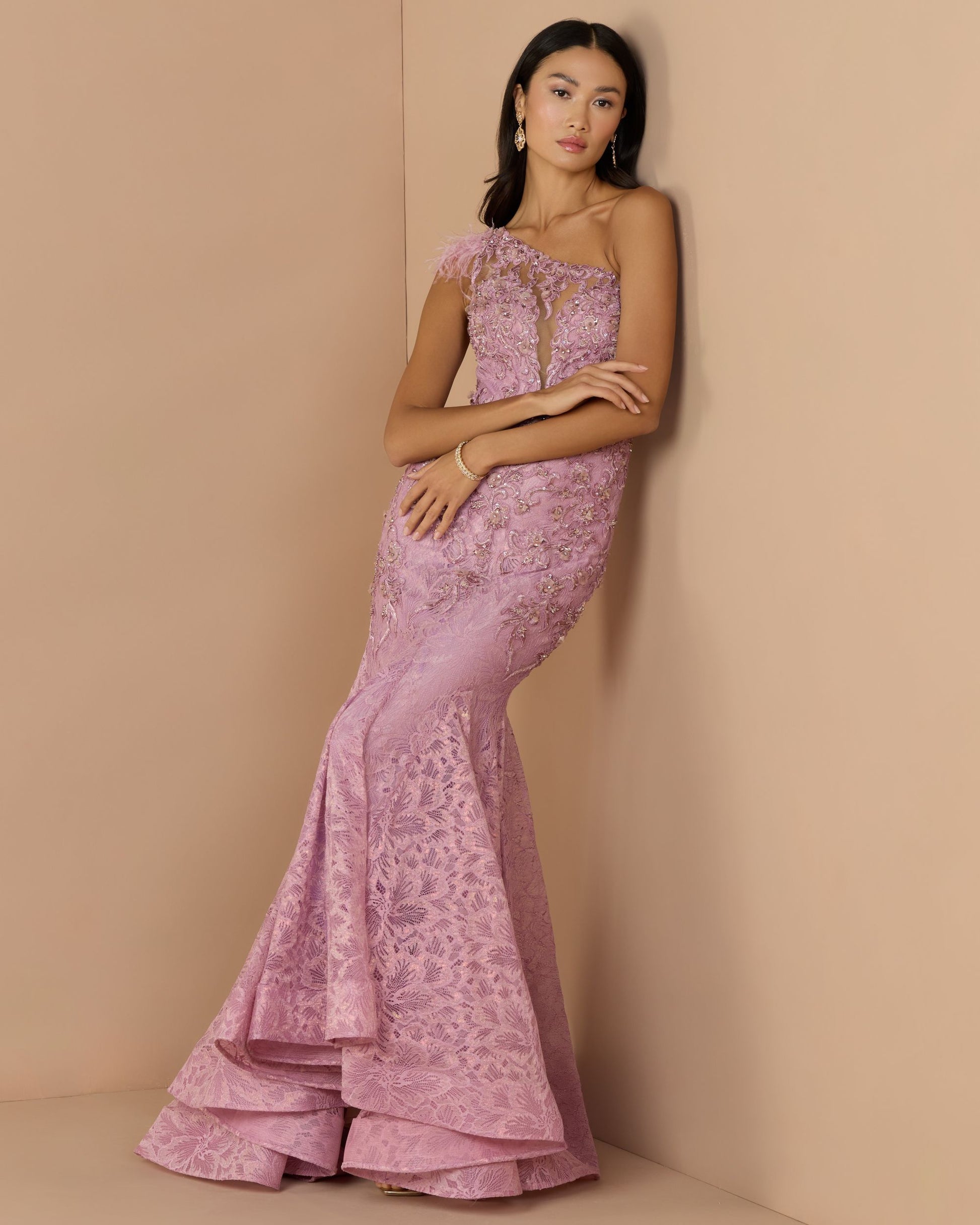 Pink Embellished Lace One Shoulder Gown With Feather Detail - Mac Duggal