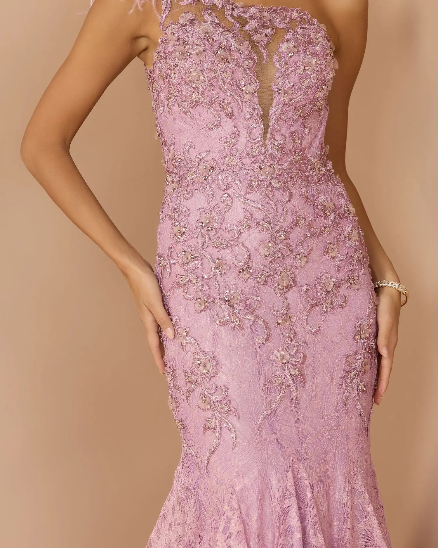 Pink Embellished Lace One Shoulder Gown With Feather Detail - Mac Duggal