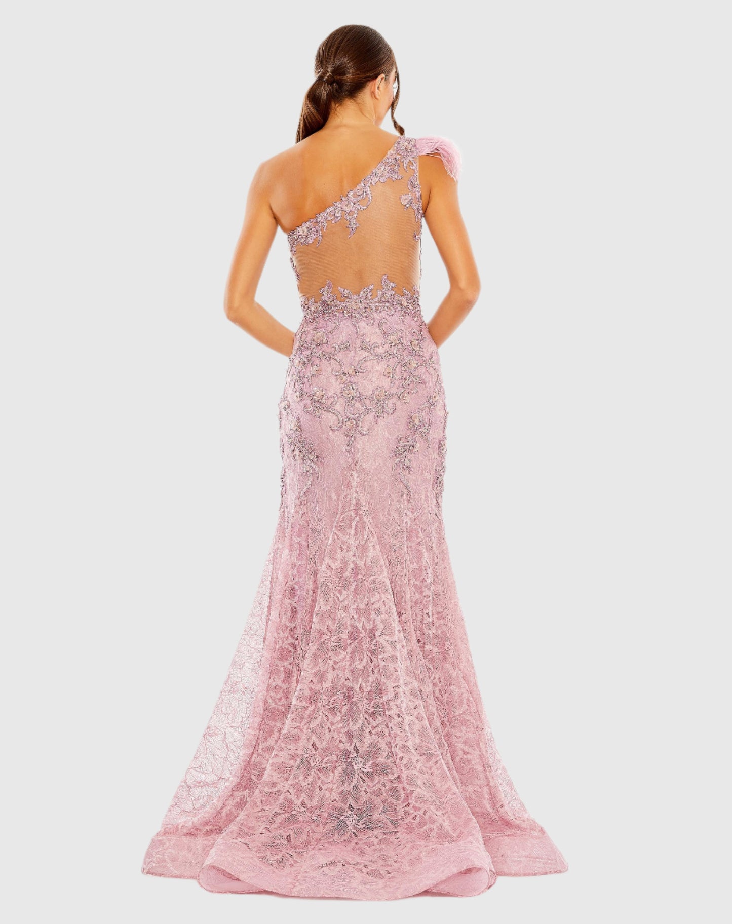 Embroidered Applique Feathered One Shoulder Trumpet Gown