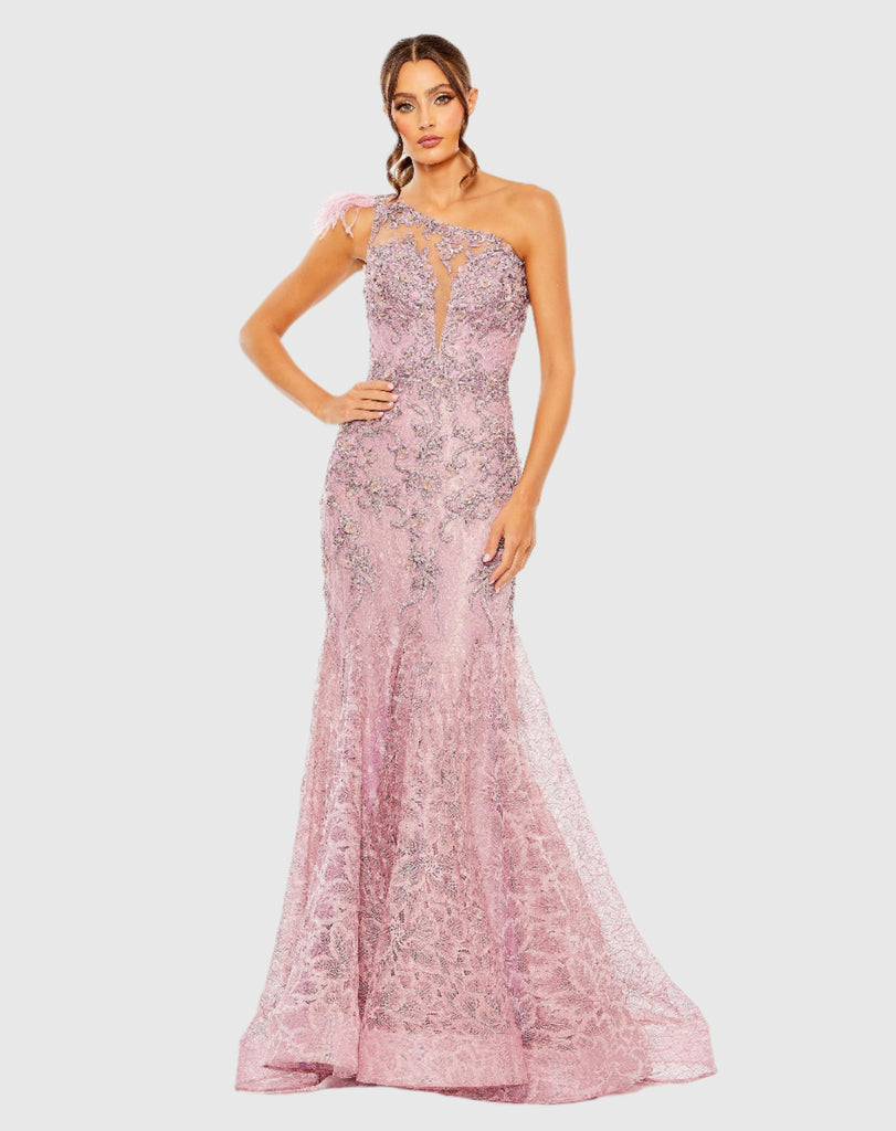 Embroidered Applique Feathered One Shoulder Gown