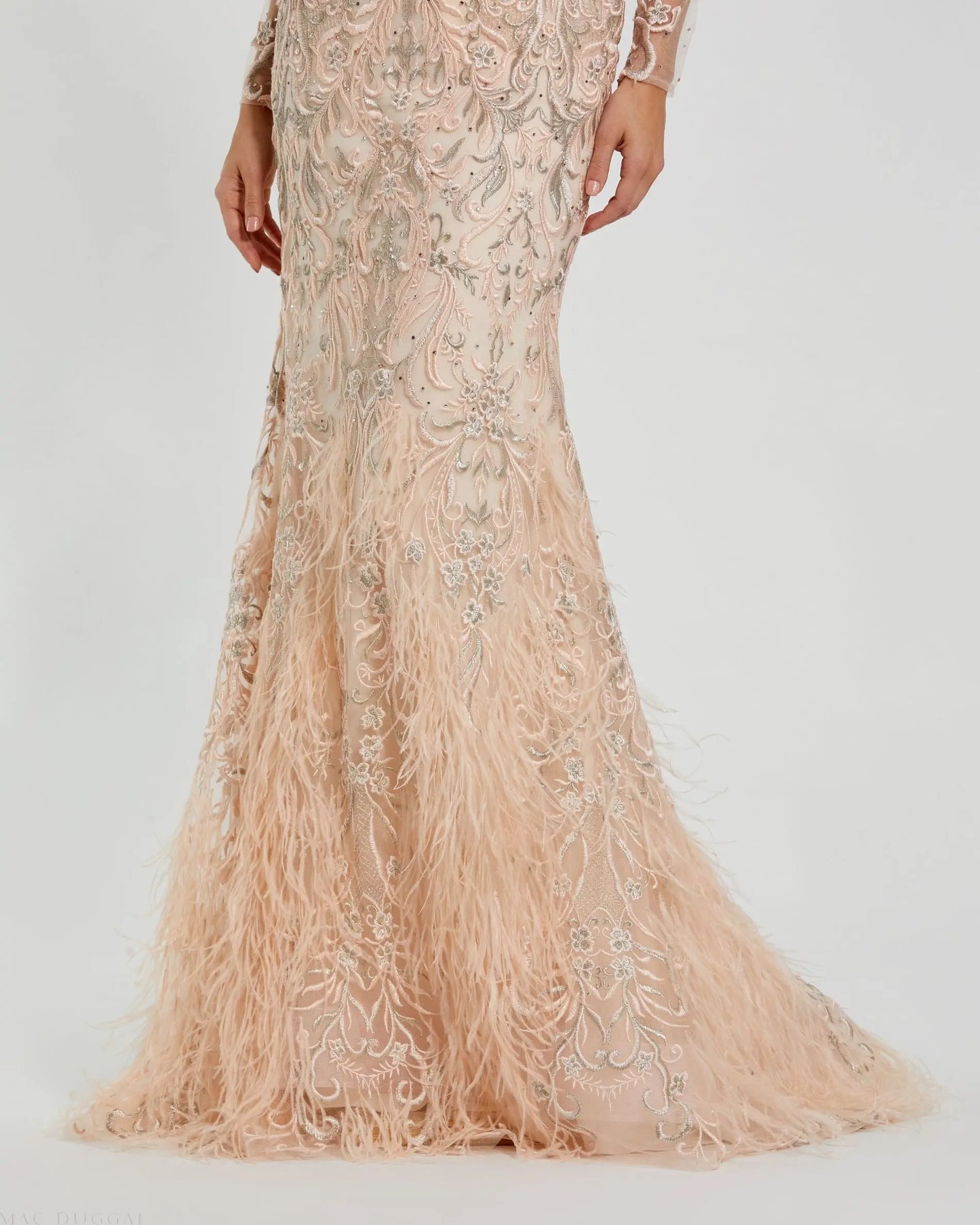 Pink Embroidered Long Sleeve Gown With Feather Hem - Mac Duggal