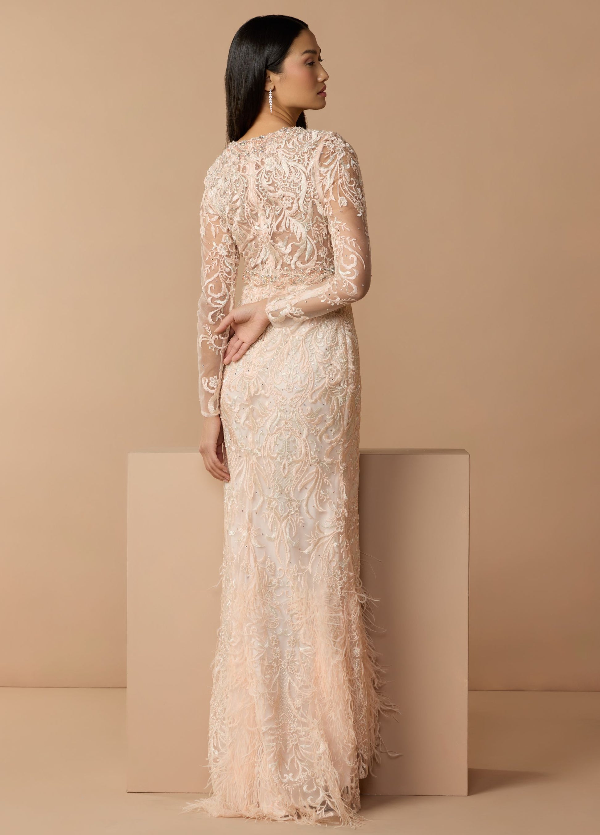 Pink Embroidered Long Sleeve Gown With Feather Hem - Mac Duggal