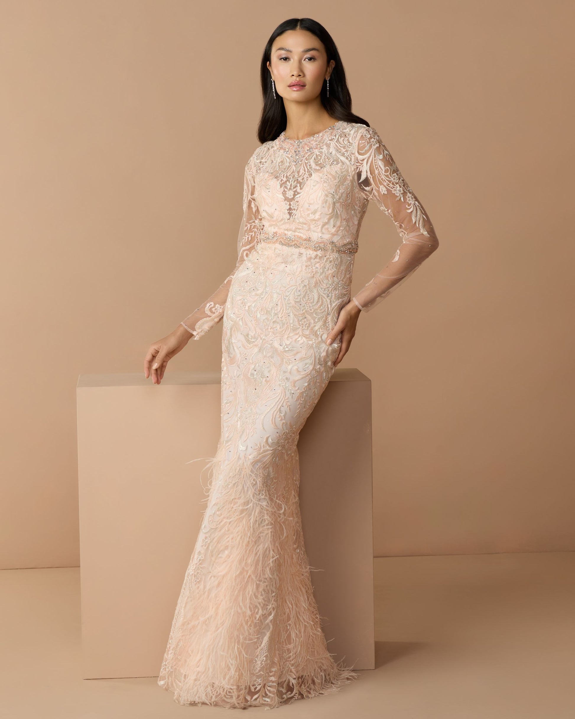 Pink Embroidered Long Sleeve Gown With Feather Hem - Mac Duggal