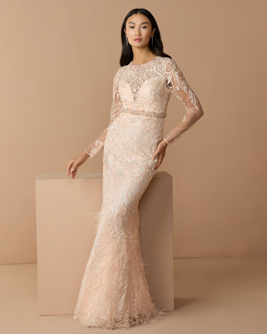 Pink Embroidered Long Sleeve Gown With Feather Hem - Mac Duggal