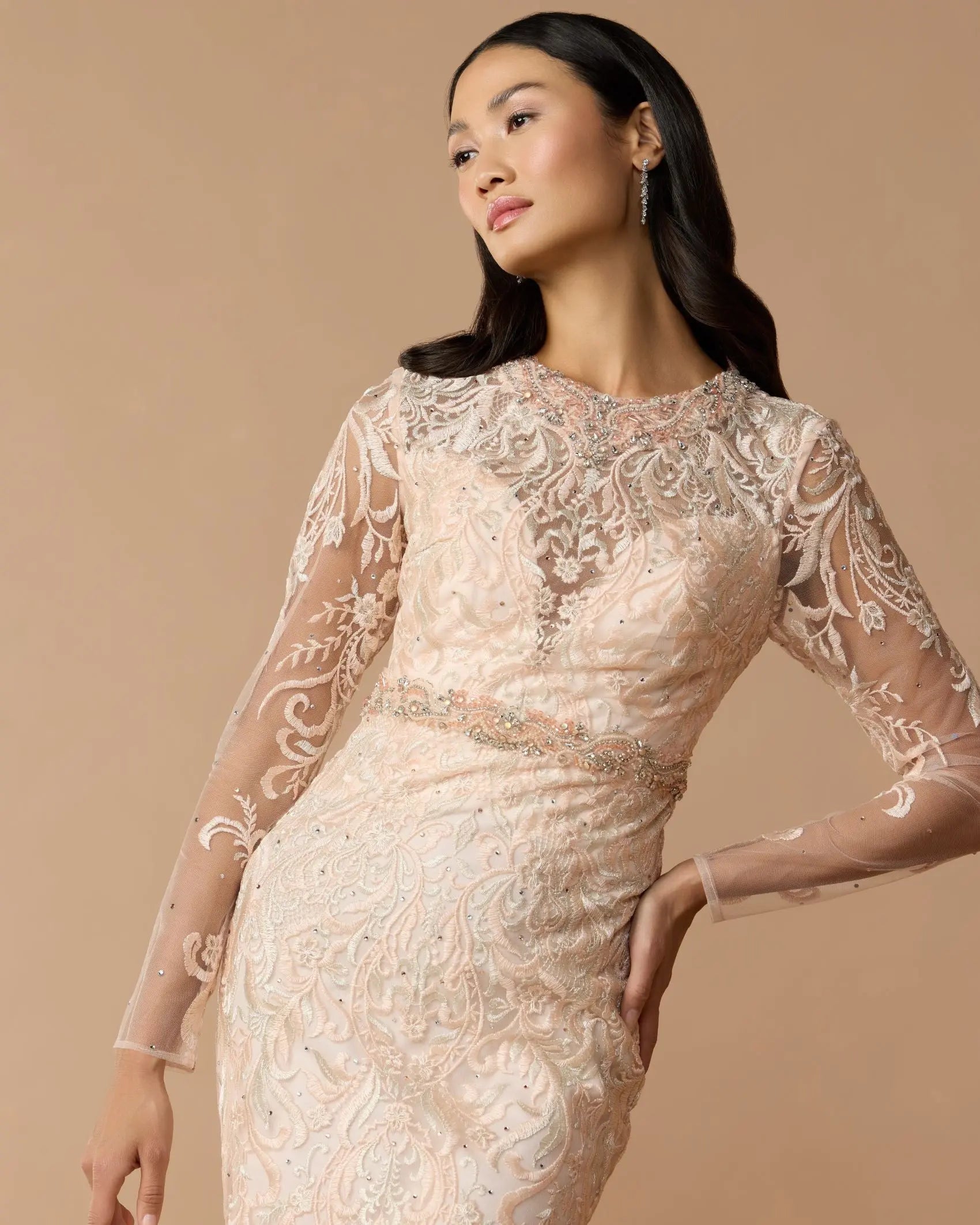 feather embellished woven long sleeve maxi dress Pink Embroidered Long Sleeve Gown With Feather Hem