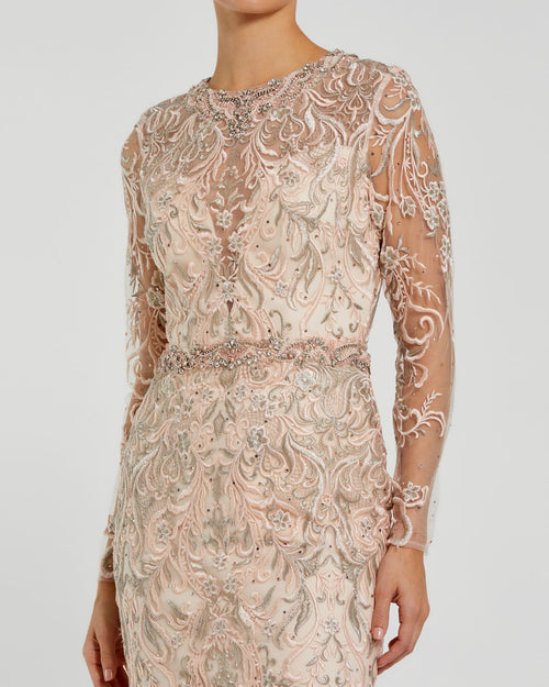 Embroidered Illusion Long Sleeve Trumpet Gown