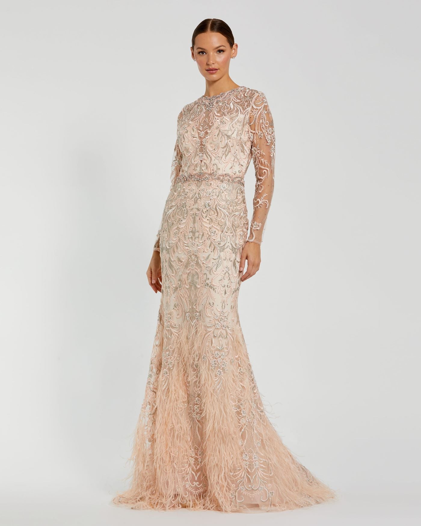 Embroidered Illusion Long Sleeve Trumpet Gown