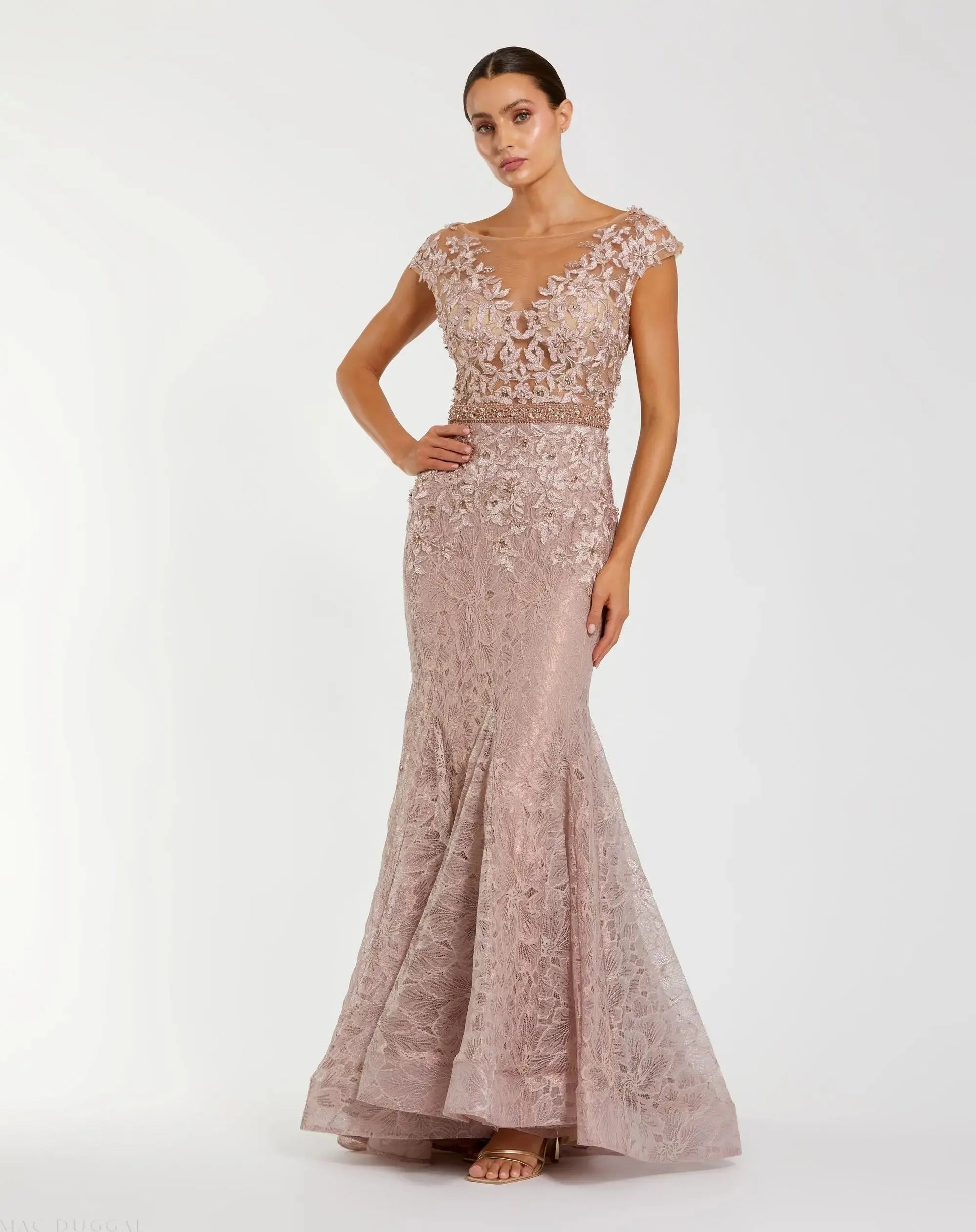 Pink High Neck Shoulder Flower Detail Mermaid Gown - Mac Duggal