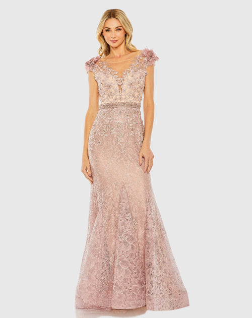 Pink High Neck Shoulder Flower Detail Mermaid Gown