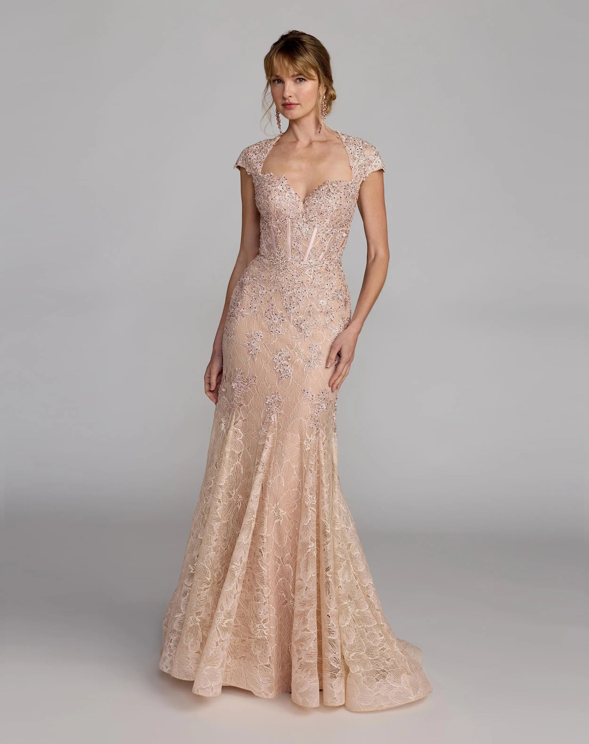 ﻿Light Pink Lace Sweetheart Embellished Mermaid Gown Mac Duggal