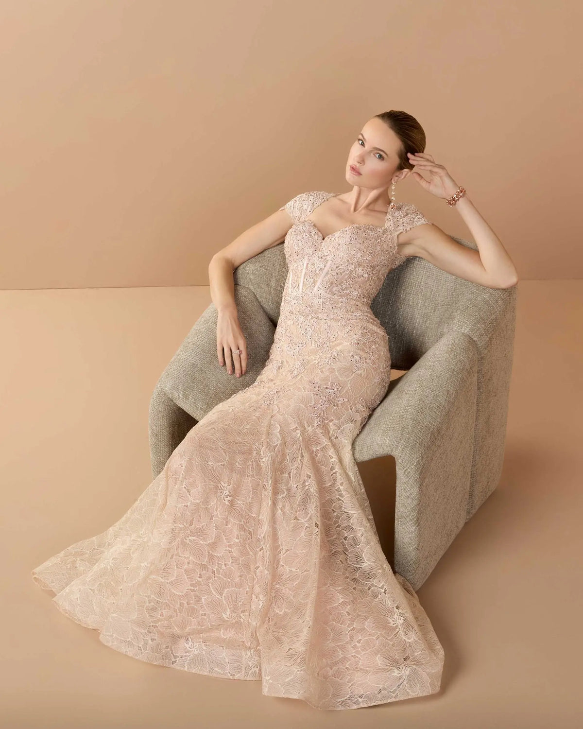 Blush Embroidered Lace Mermaid Gown With Cap Sleeves - Mac Duggal