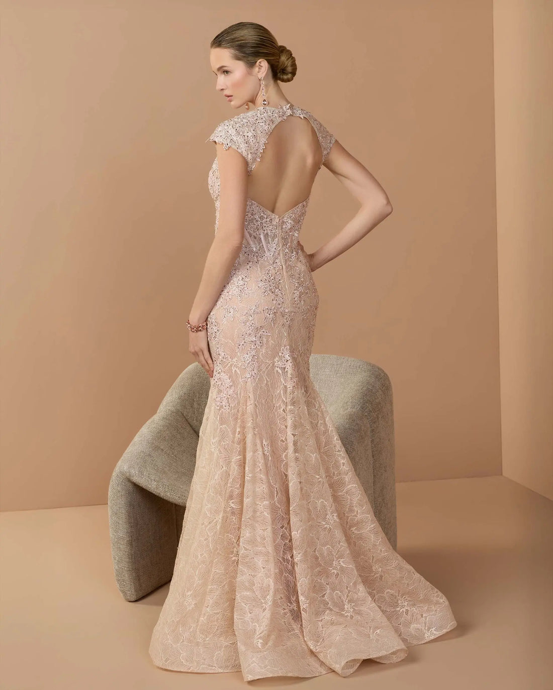 Blush Embroidered Lace Mermaid Gown With Cap Sleeves - Mac Duggal