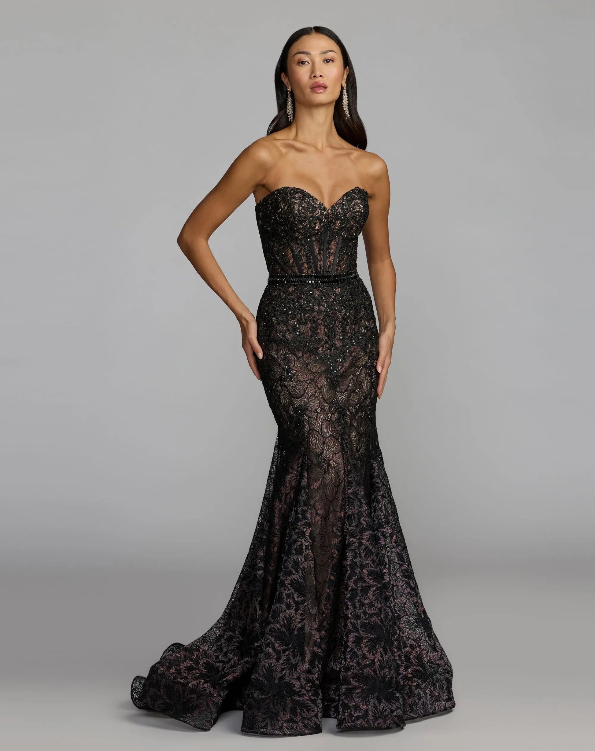 Black Embellished Lace Strapless Trumpet Gown | Mac Duggal Black Embellished Lace Strapless Trumpet Gown | Mac Duggal