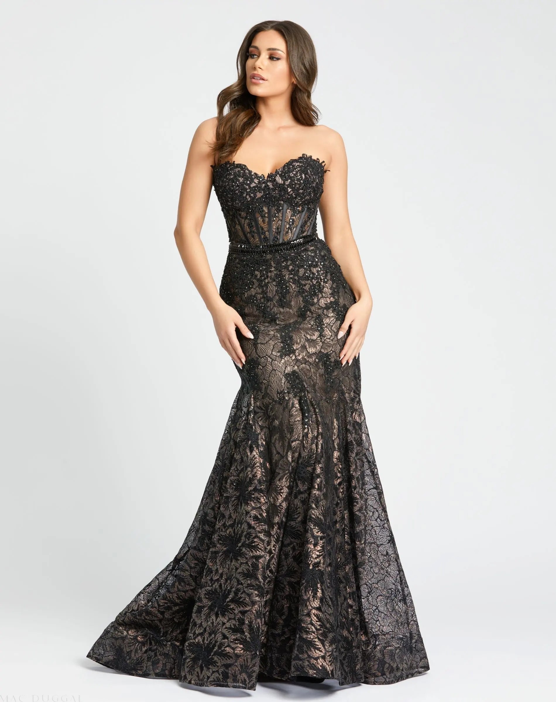 Black Embellished Strapless Sweetheart Trumpet Gown - Mac Duggal