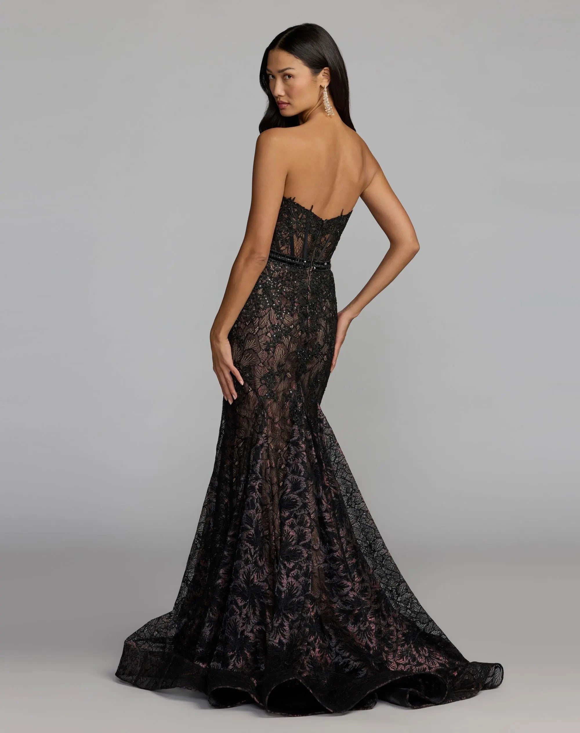 Black Embellished Lace Strapless Trumpet Gown - Mac Duggal