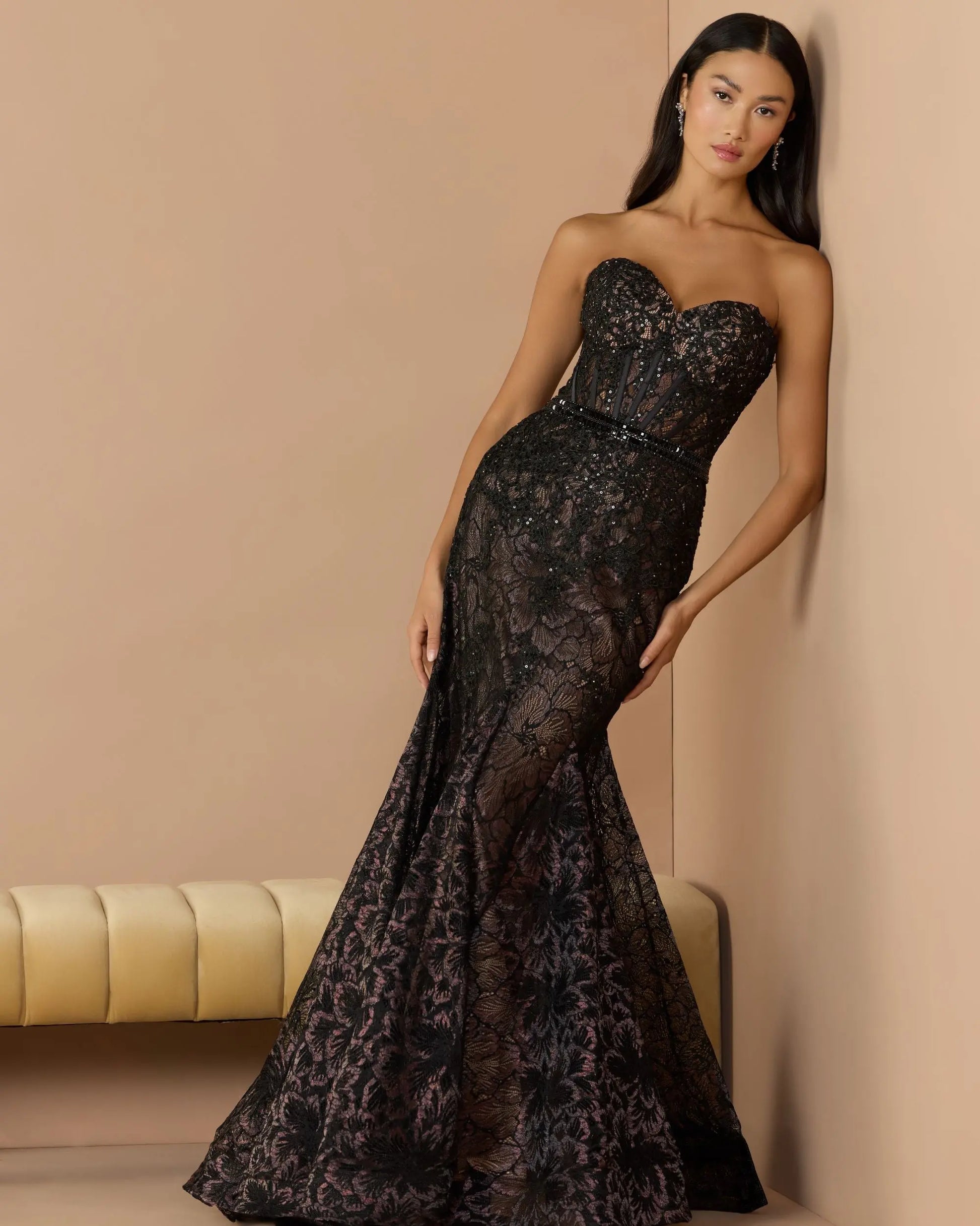 Black Embellished Lace Strapless Trumpet Gown | Mac Duggal Black Embellished Lace Strapless Trumpet Gown | Mac Duggal