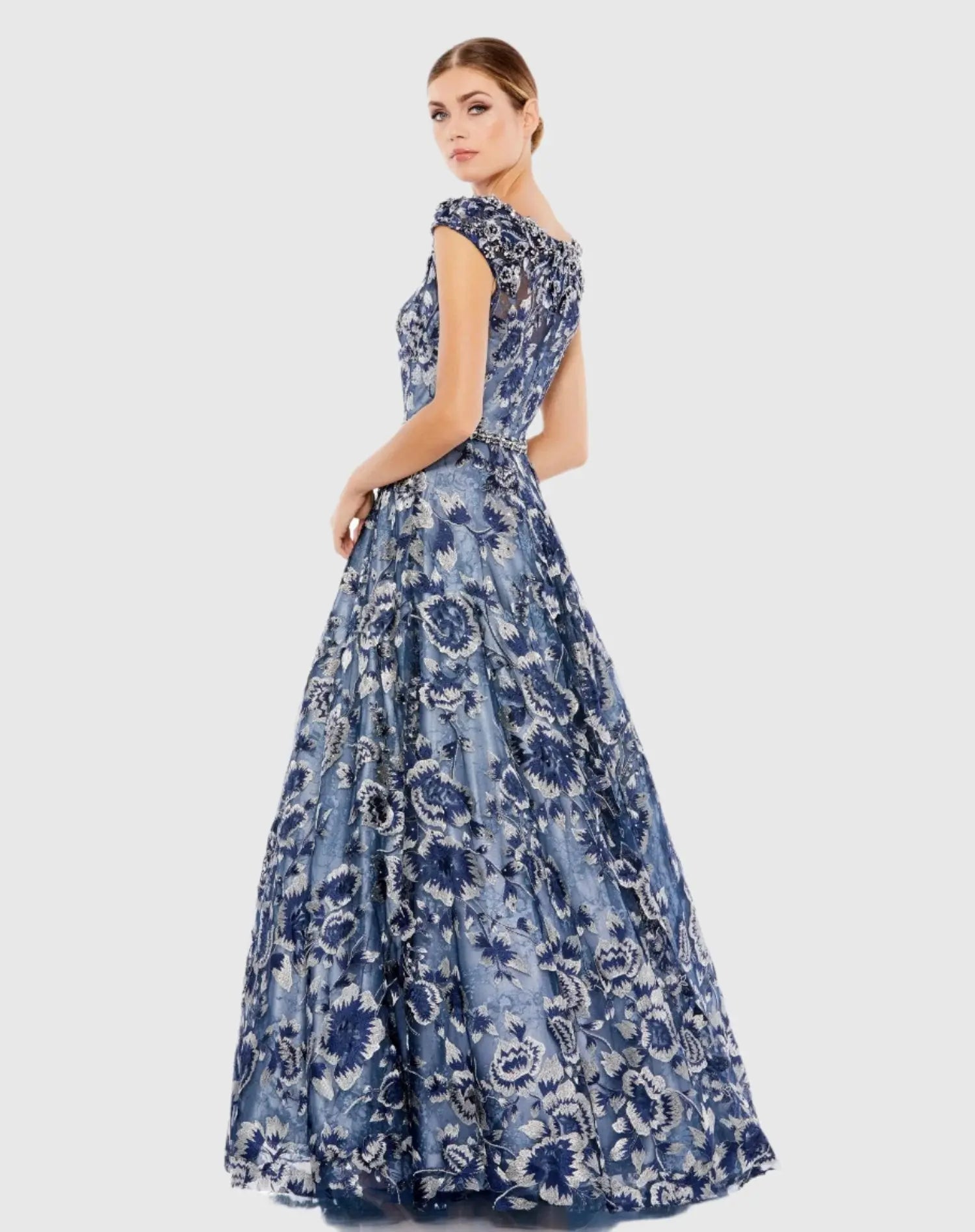 blue cap sleeve maxi dress Blue Embellished Cap Sleeve High Neck Ball Gown