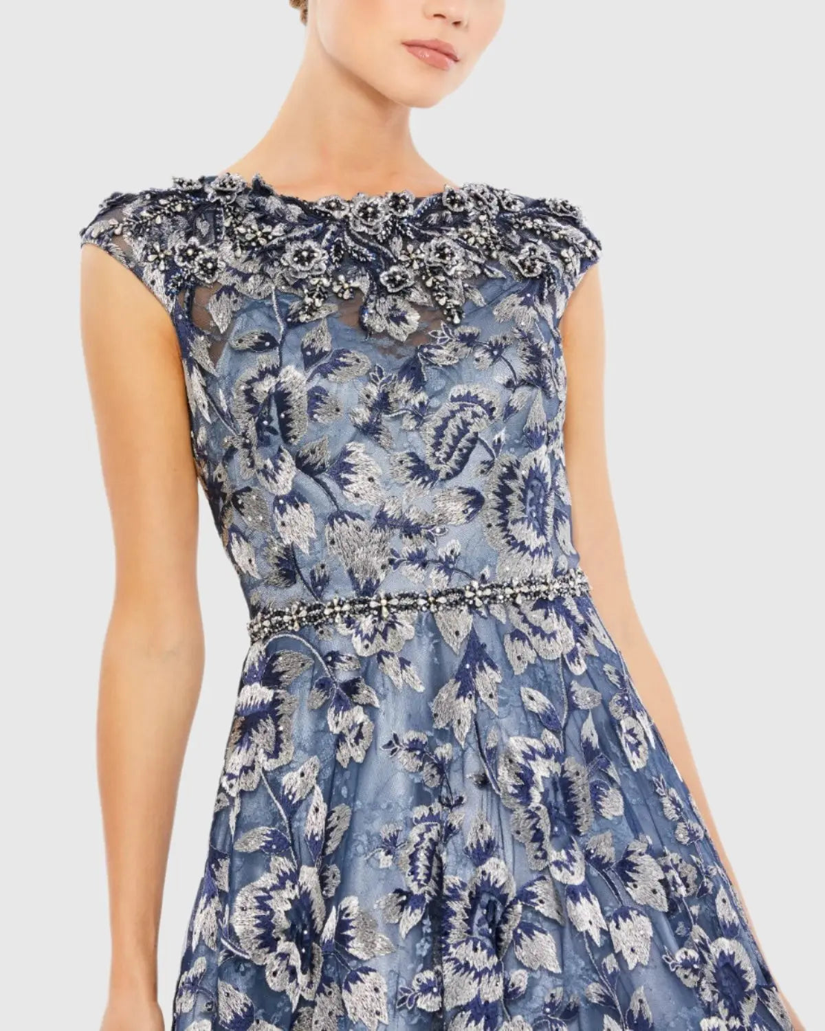 Blue Embellished Cap Sleeve High Neck Ballgown - Mac Duggal