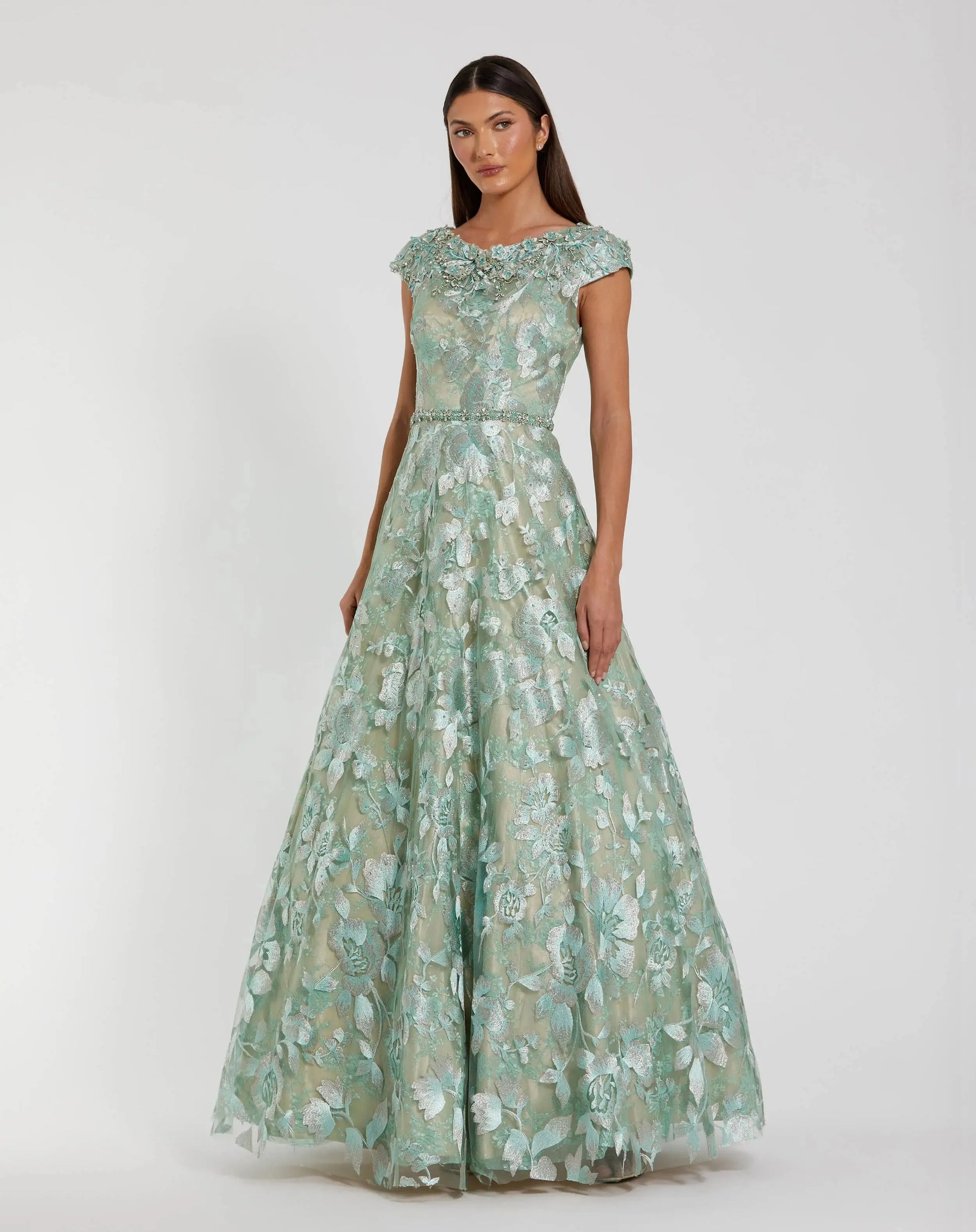 Mac Duggal Women's Embellished Cap Sleeve High Neck Ballgown - Sage Mac Duggal Women's Embellished Cap Sleeve High Neck Ballgown - Sage