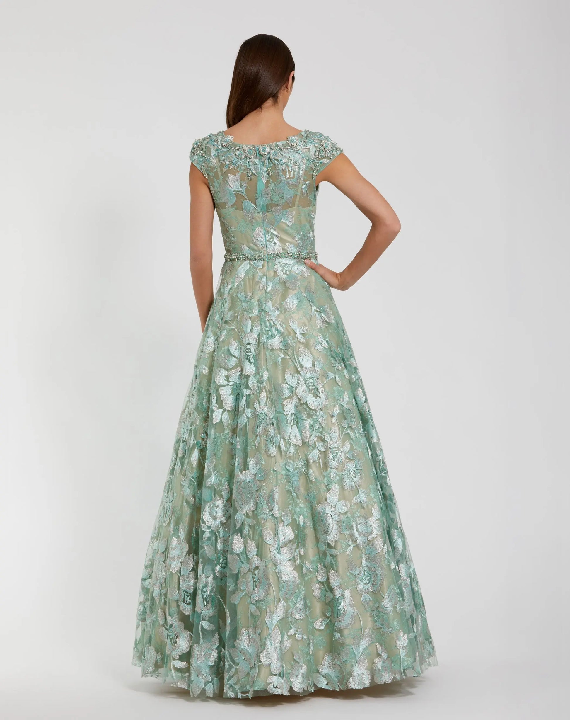 Green Embellished Cap Sleeve High Neck A-Line Ball Gown | Mac Duggal Green Embellished Cap Sleeve High Neck A-Line Ball Gown | Mac Duggal