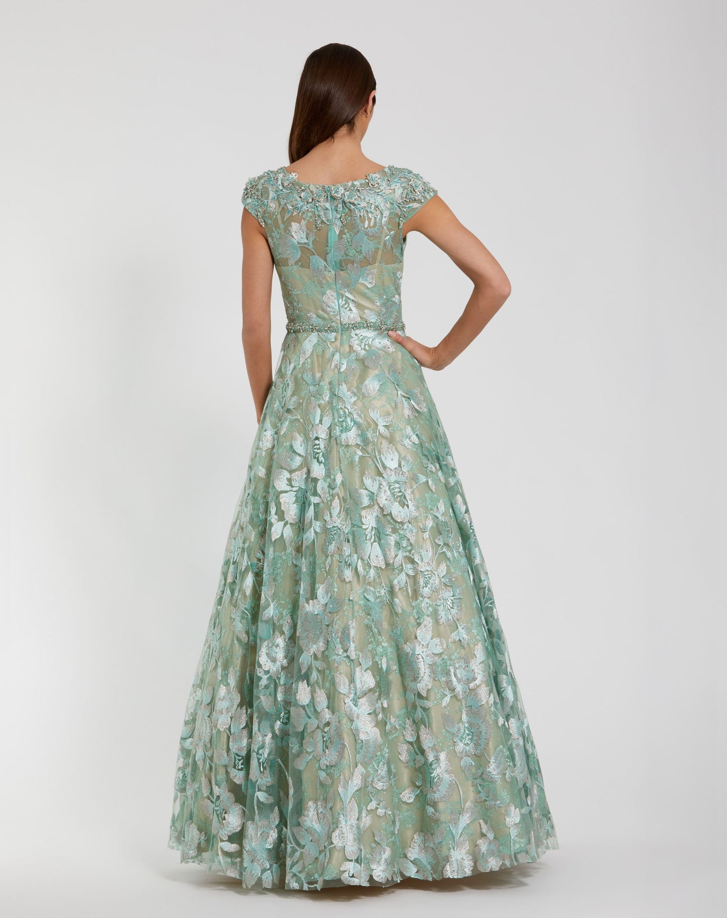 Green Embellished Cap Sleeve High Neck Ballgown