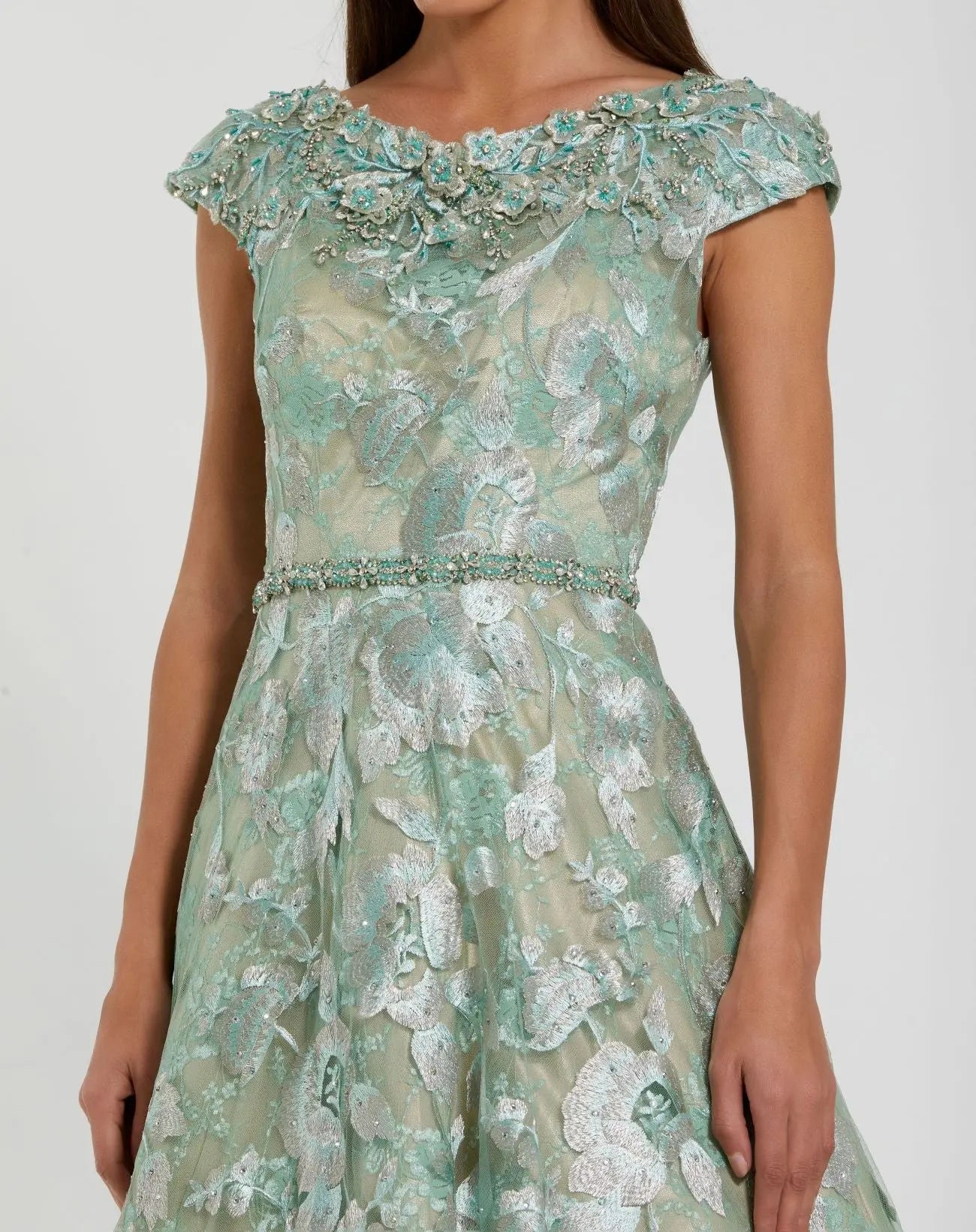 Green Embellished Cap Sleeve High Neck A-Line Ballgown - Mac Duggal