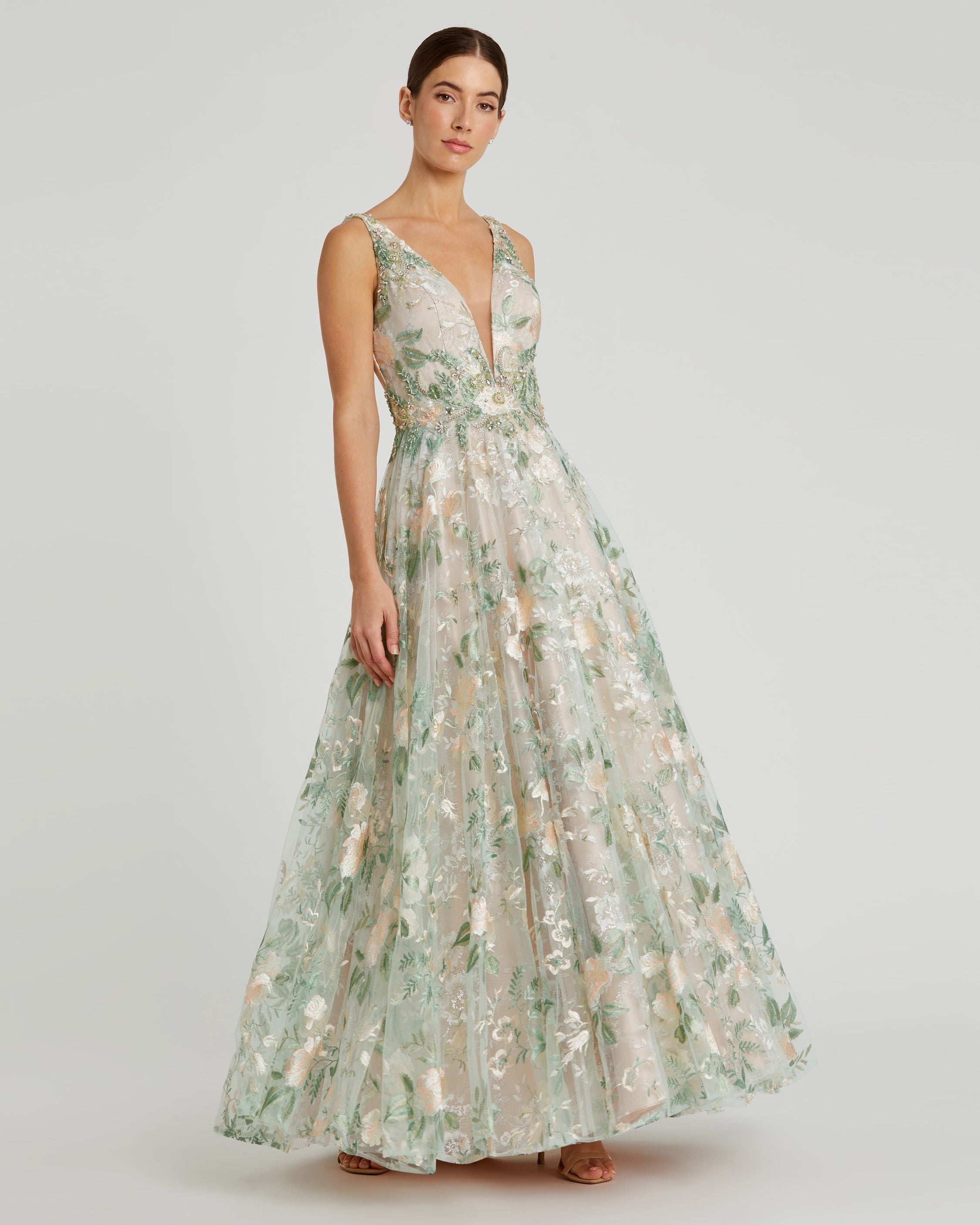 Floral Embroidered Illusion V-Neck Gown