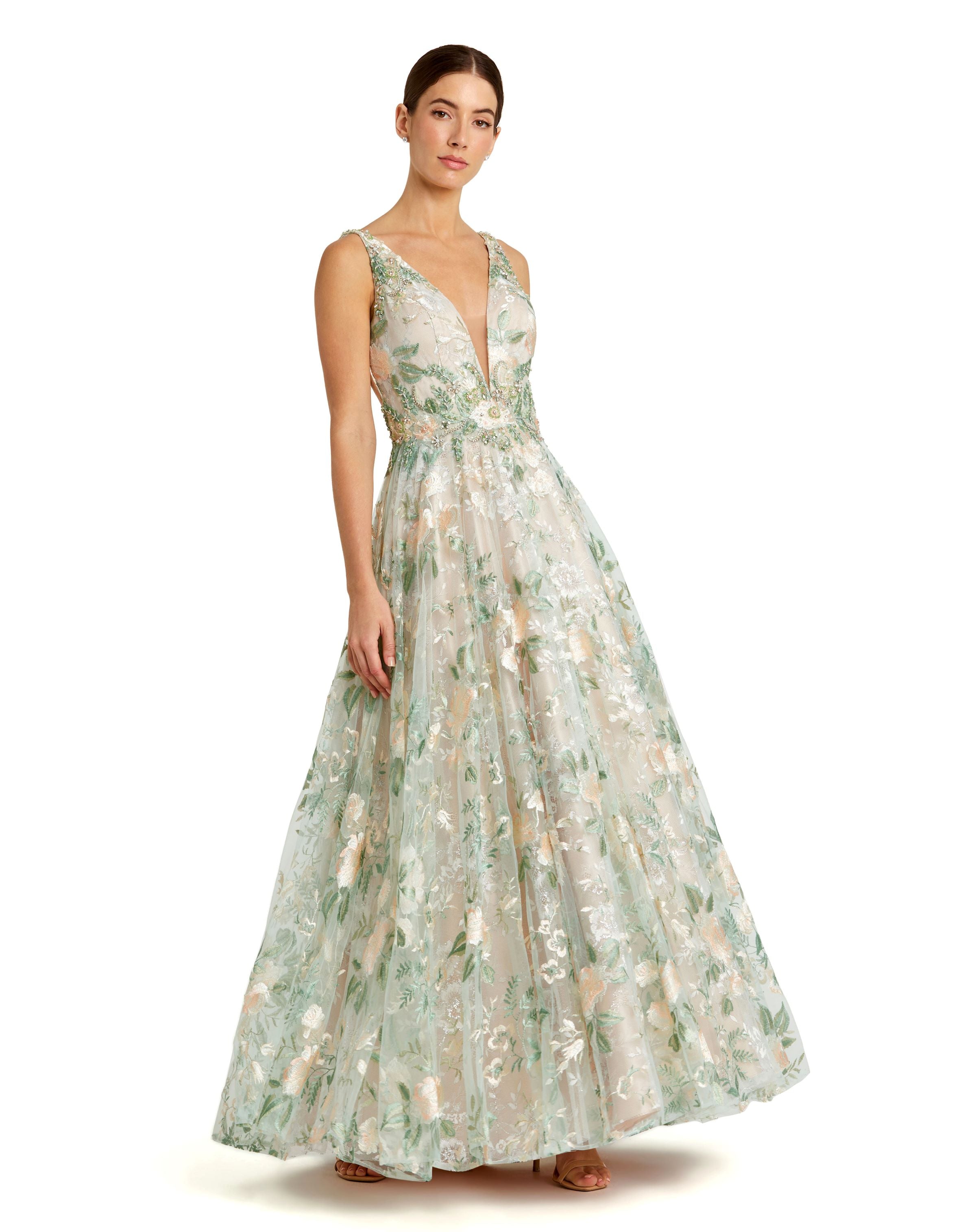 Floral Embroidered Illusion V-Neck Gown – Mac Duggal