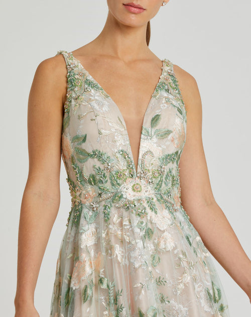 Floral Embroidered Illusion V-Neck Gown