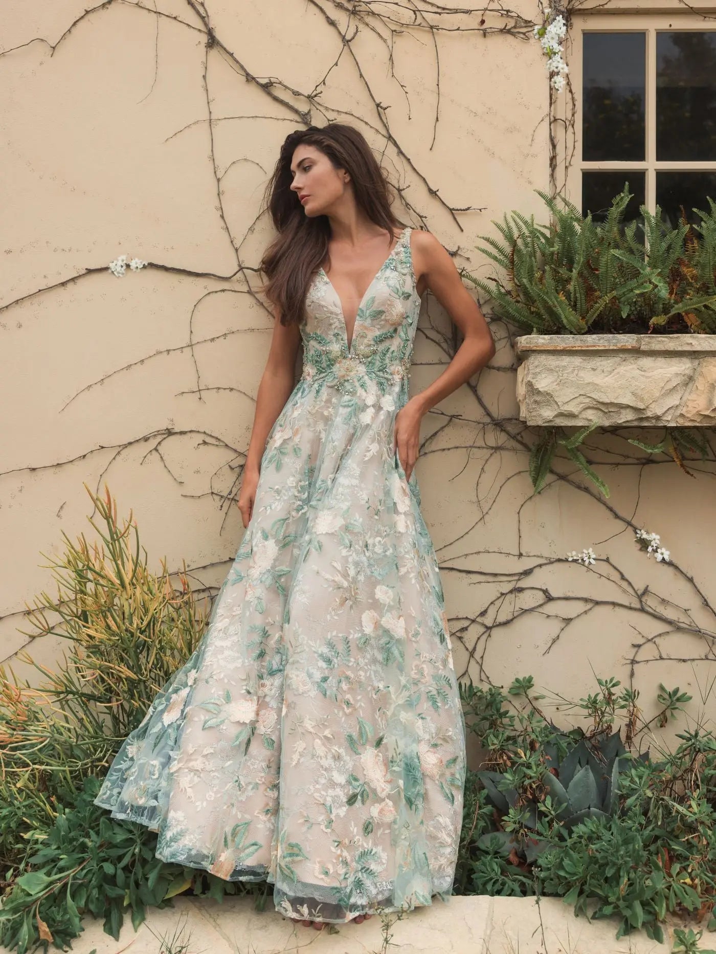 Multicolor Floral Embroidered Illusion V-Neck Gown Multicolor Floral Embroidered Illusion V-Neck Gown