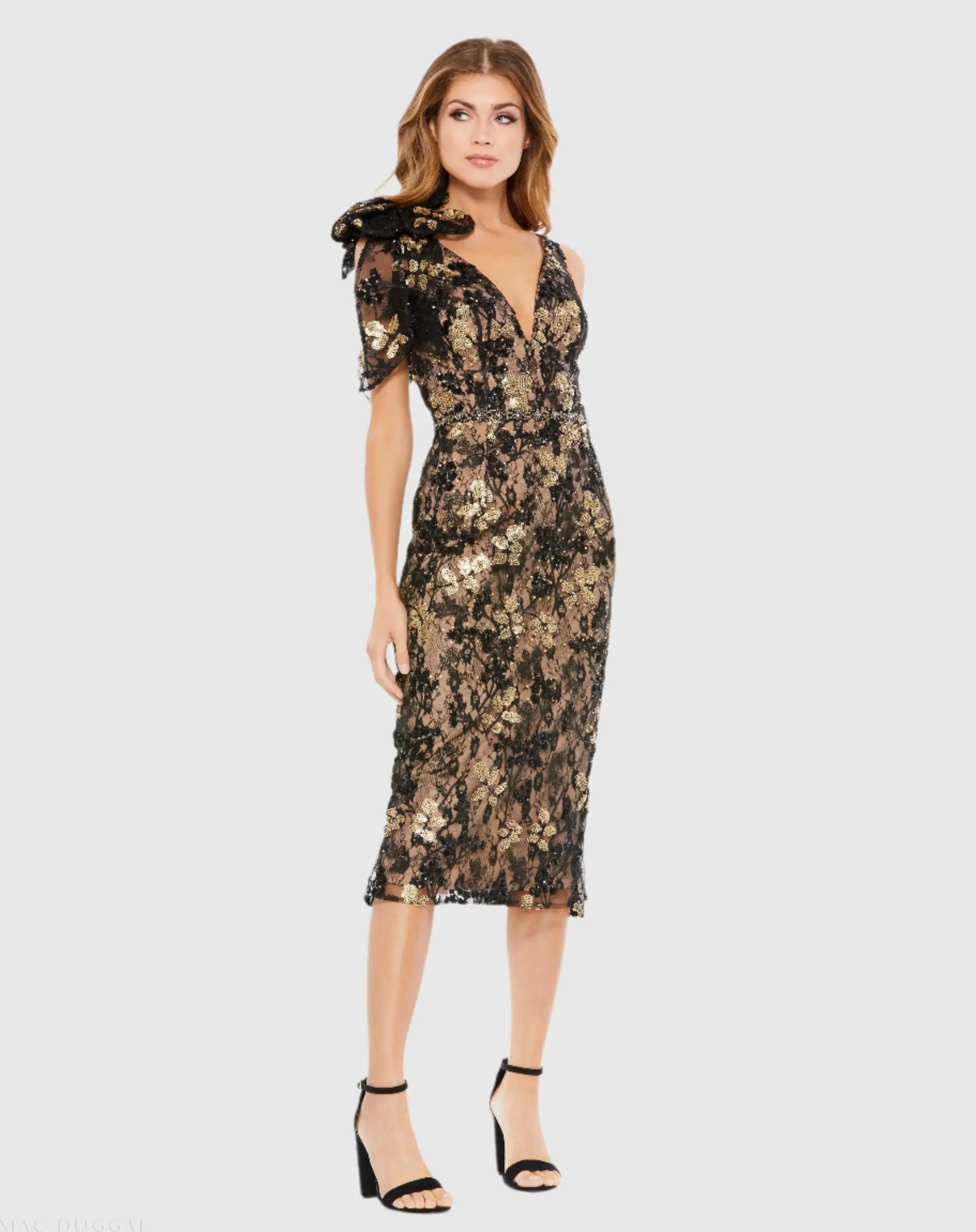 Black Floral Embellished V-neck Midi Dress with Shoulder Bow - Mac Duggal