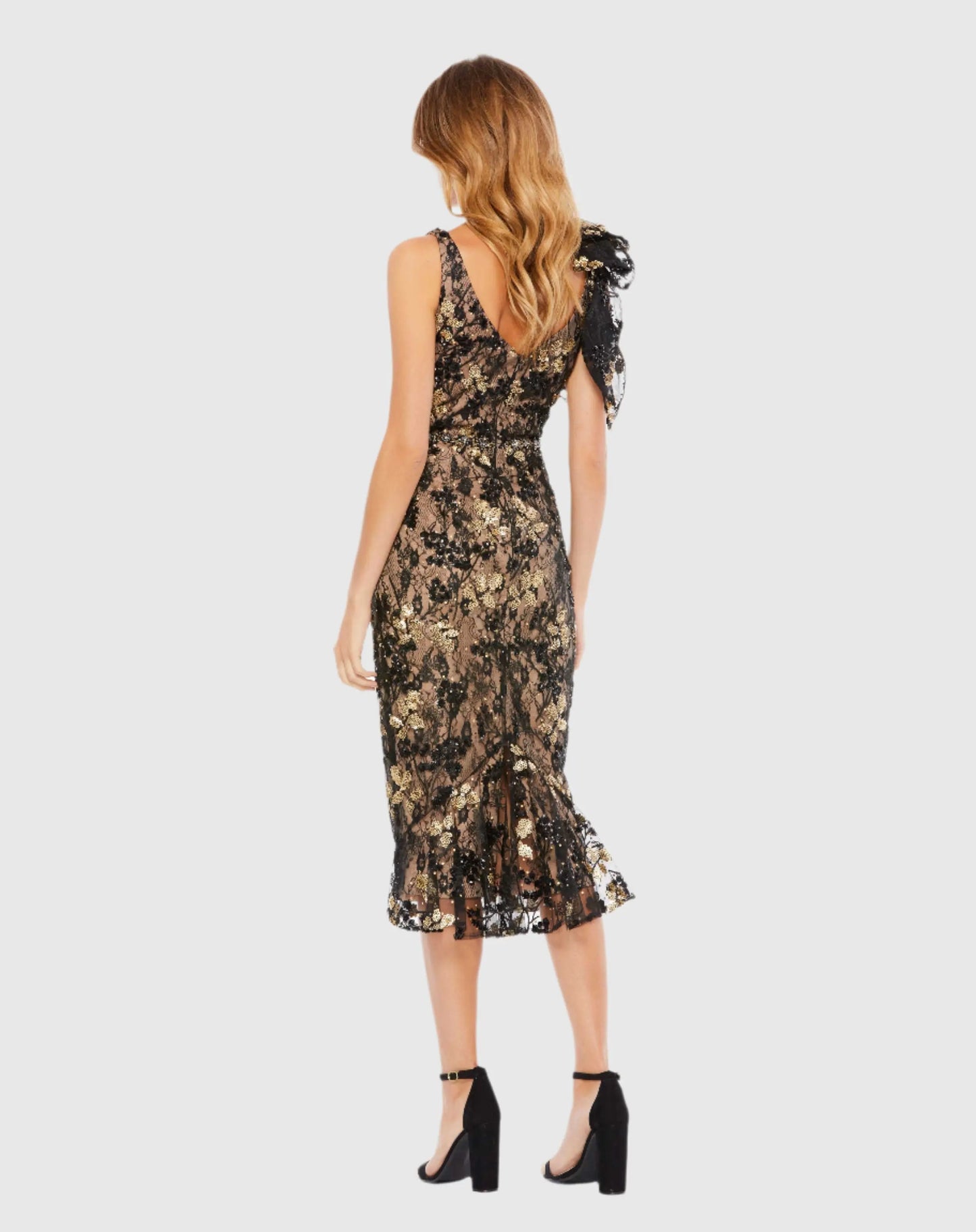 Black Floral Embellished V-neck Midi Dress with Shoulder Bow - Mac Duggal
