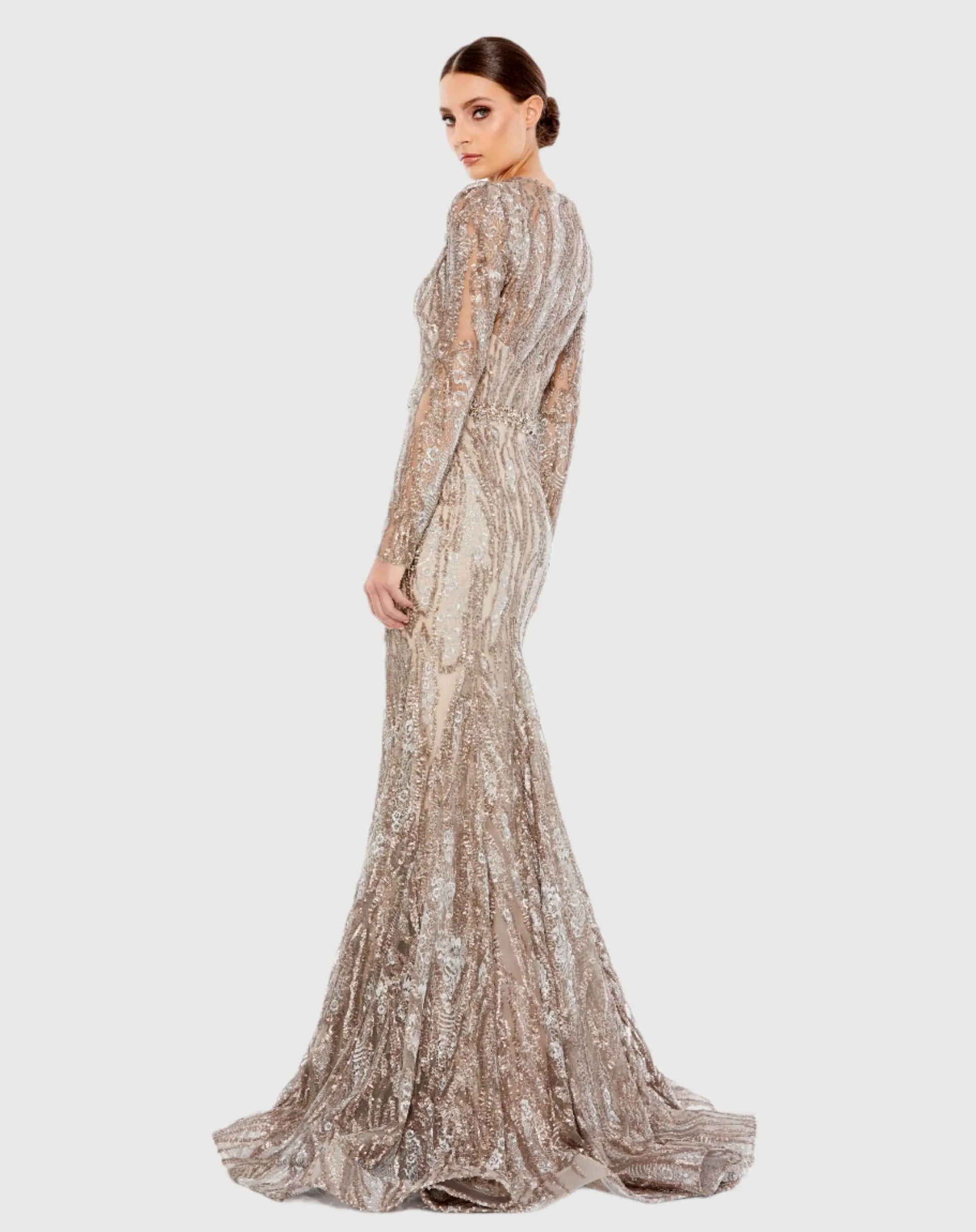 Mac Duggal - Beige Embellished Long Sleeve Plunge Neck Trumpet Gown - Taupe / US 12 Mac Duggal - Beige Embellished Long Sleeve Plunge Neck Trumpet Gown - Taupe / US 12