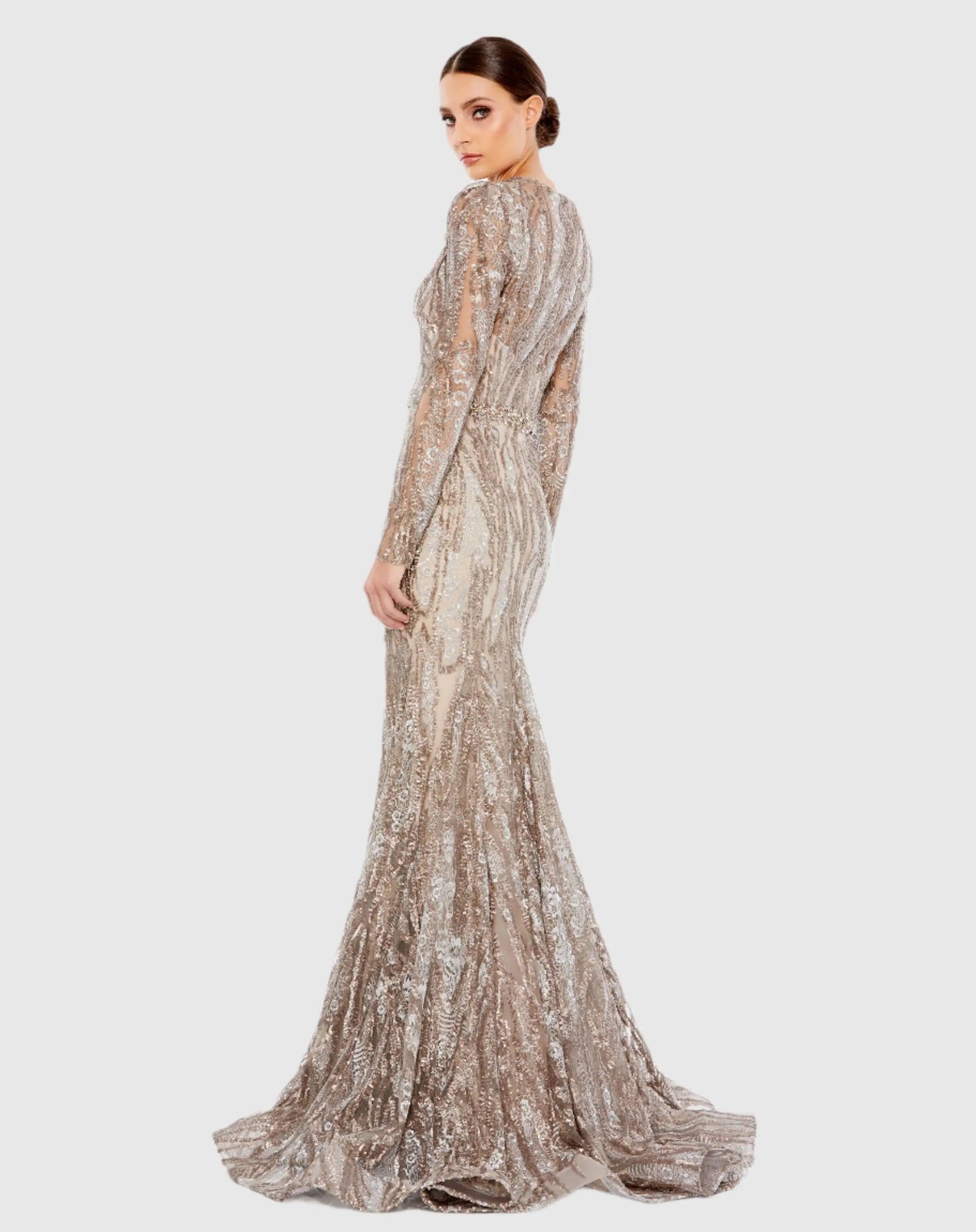 Embellished Long Sleeve Plunge Neck Trumpet Gown - Mac Duggal