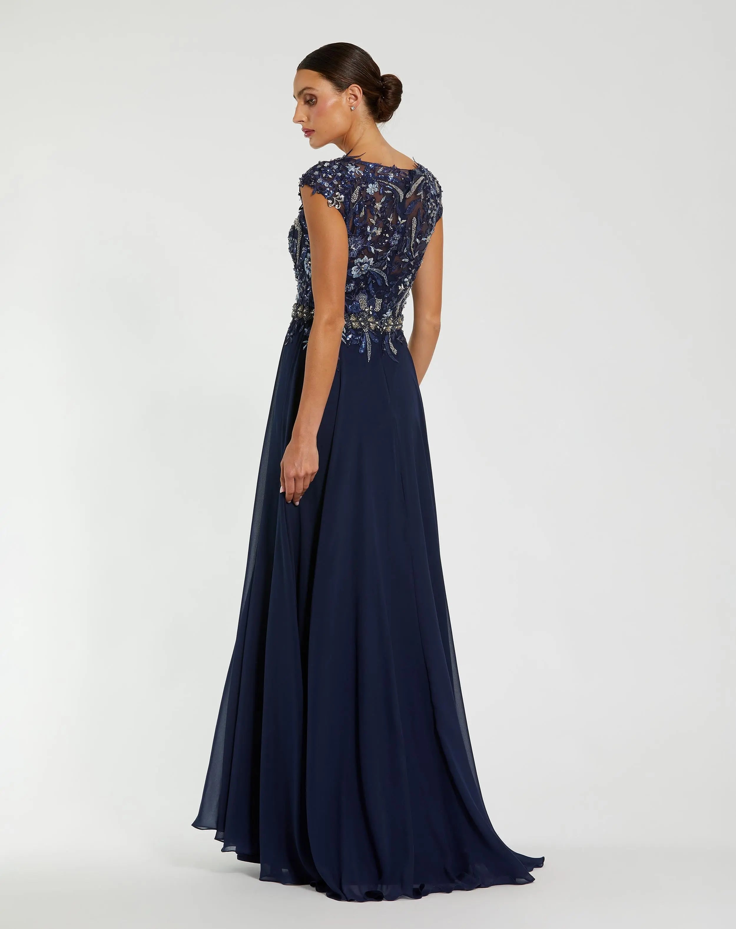 Navy Embellished Chiffon Cap Sleeve A-Line Gown Mac Duggal