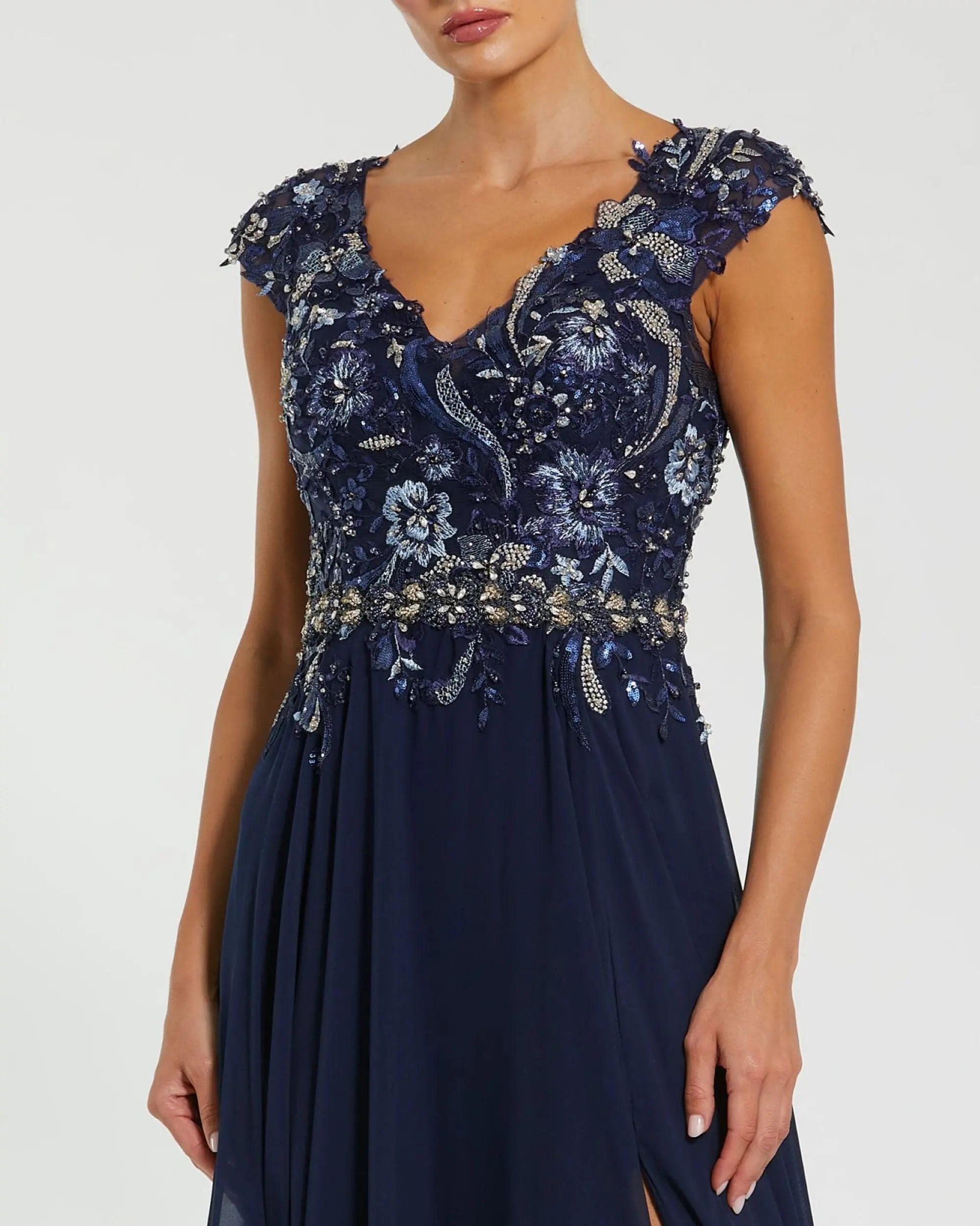 Navy Embellished Chiffon Cap Sleeve A-Line Gown Mac Duggal