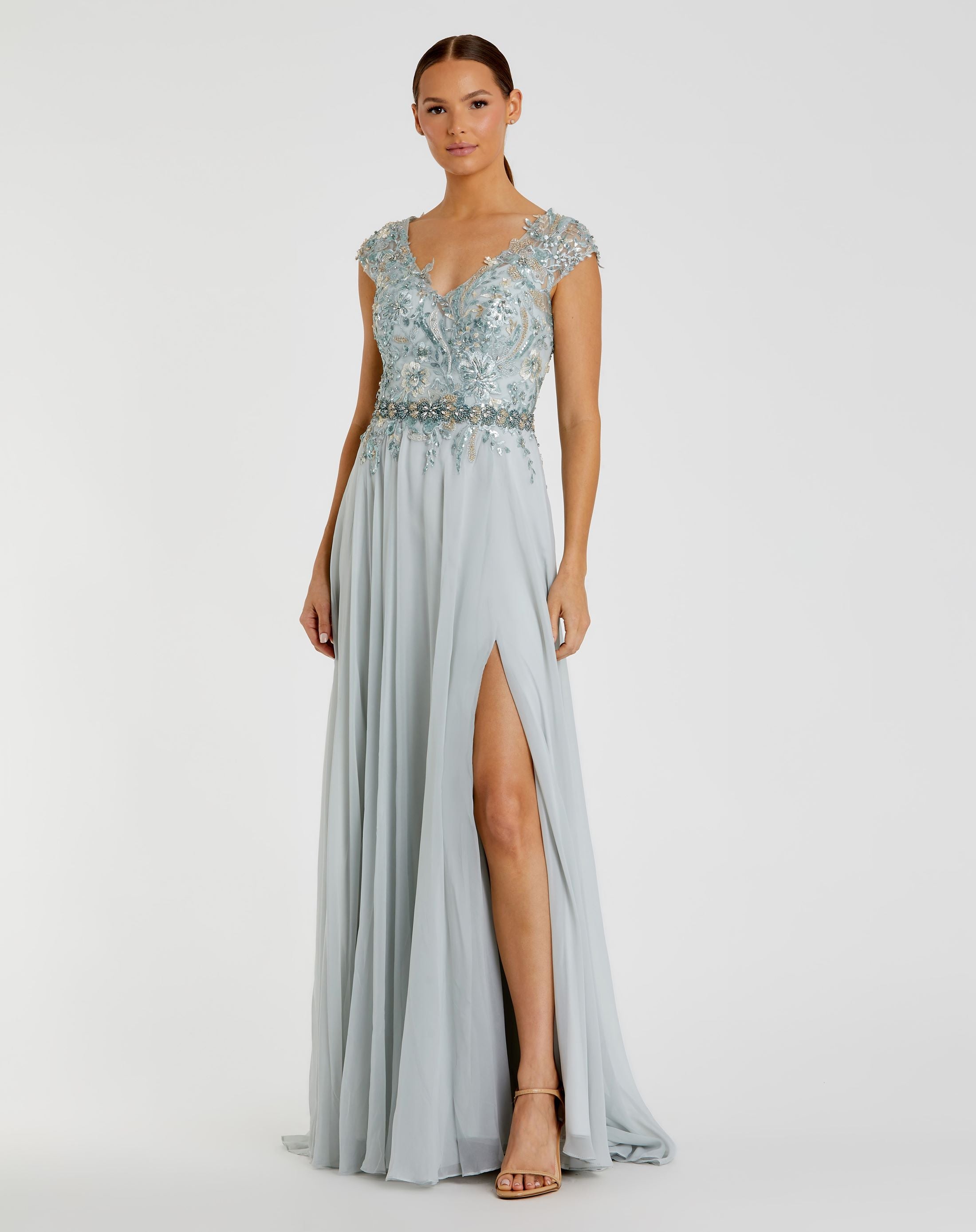 Embellished Cap Sleeve Bodice Flowy Gown