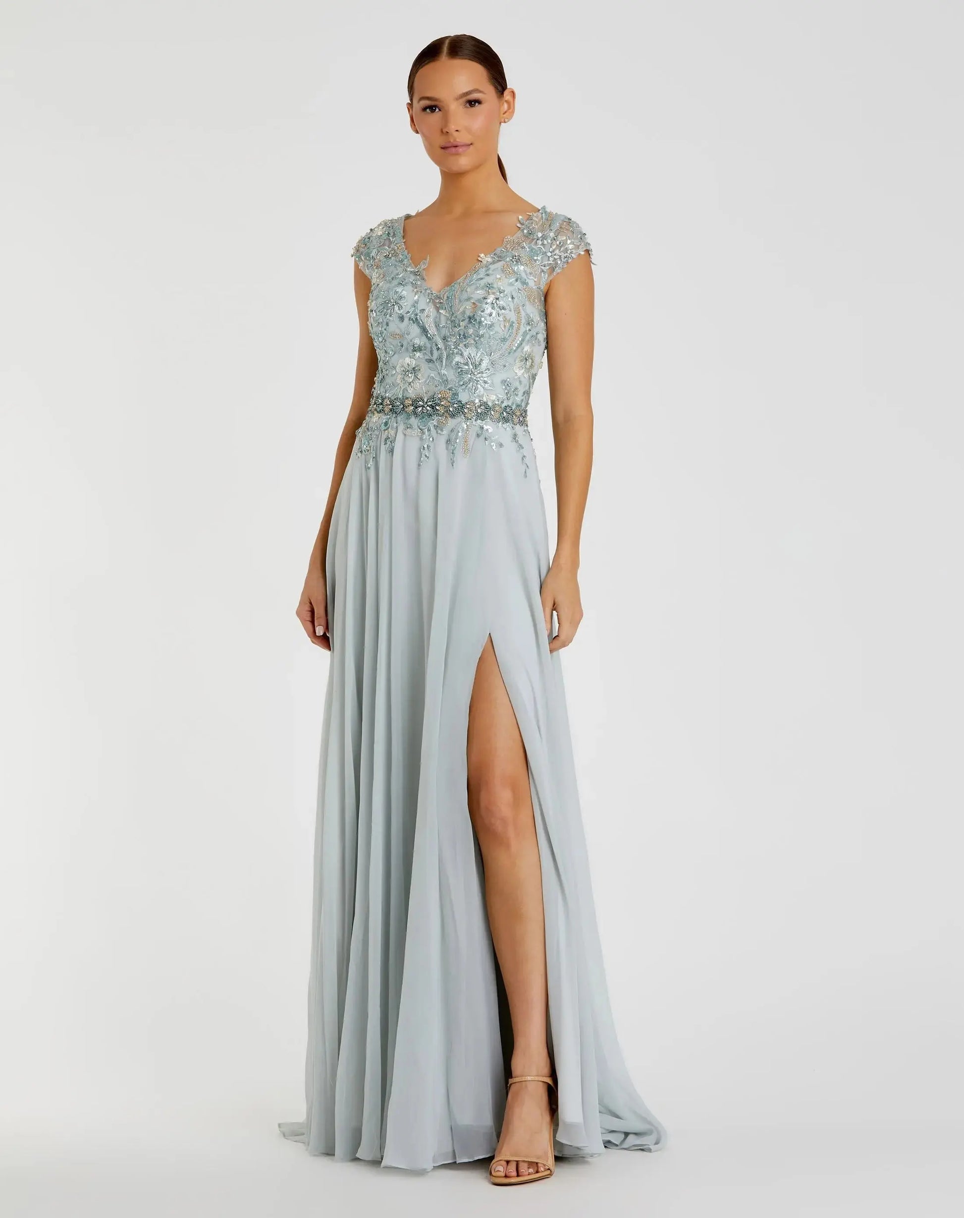 Blue Embellished Cap Sleeve Bodice Flowy Gown - Mac Duggal Blue Embellished Cap Sleeve Bodice Flowy Gown - Mac Duggal