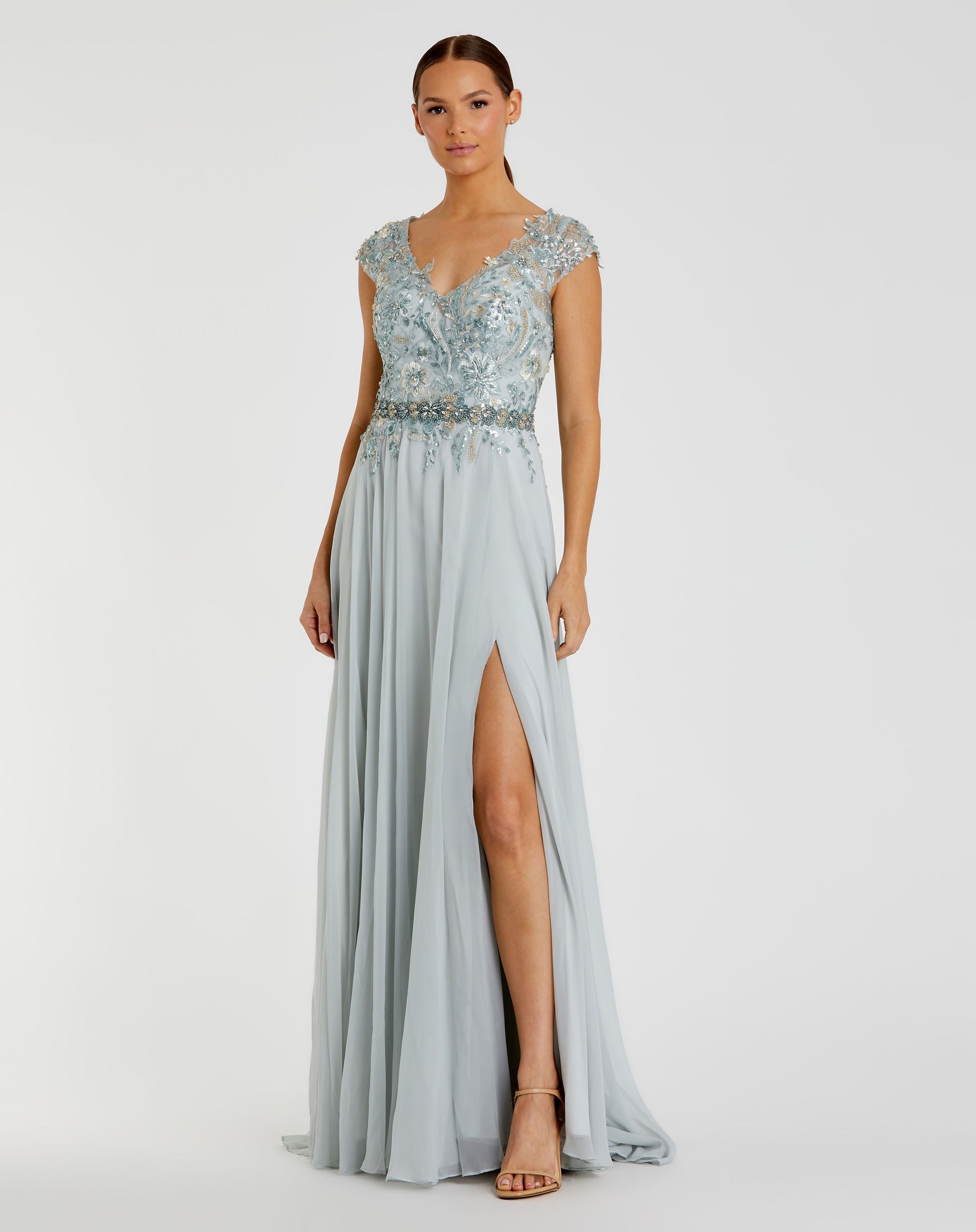 Embellished Cap Sleeve Bodice Flowy Gown