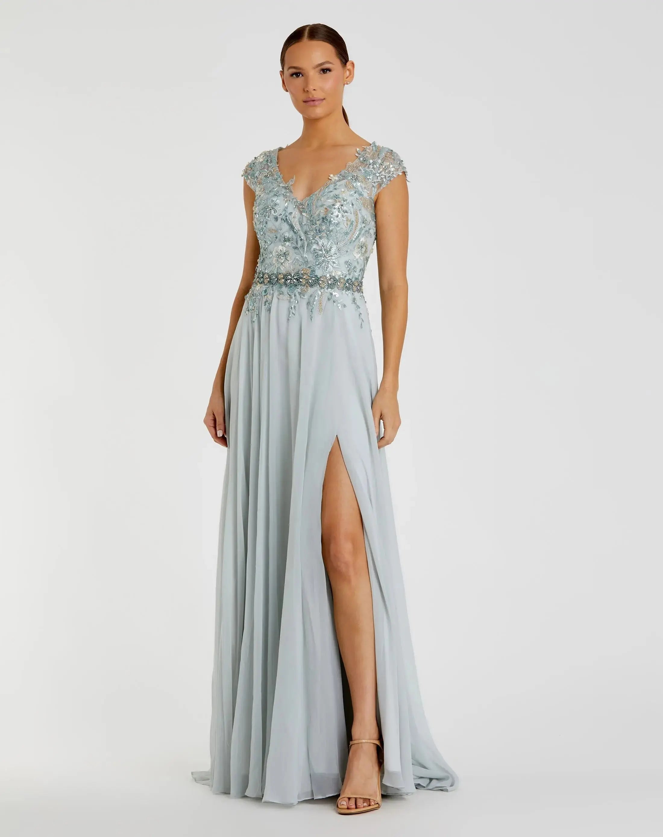Blue Embellished Cap Sleeve Bodice Flowy Gown - Mac Duggal