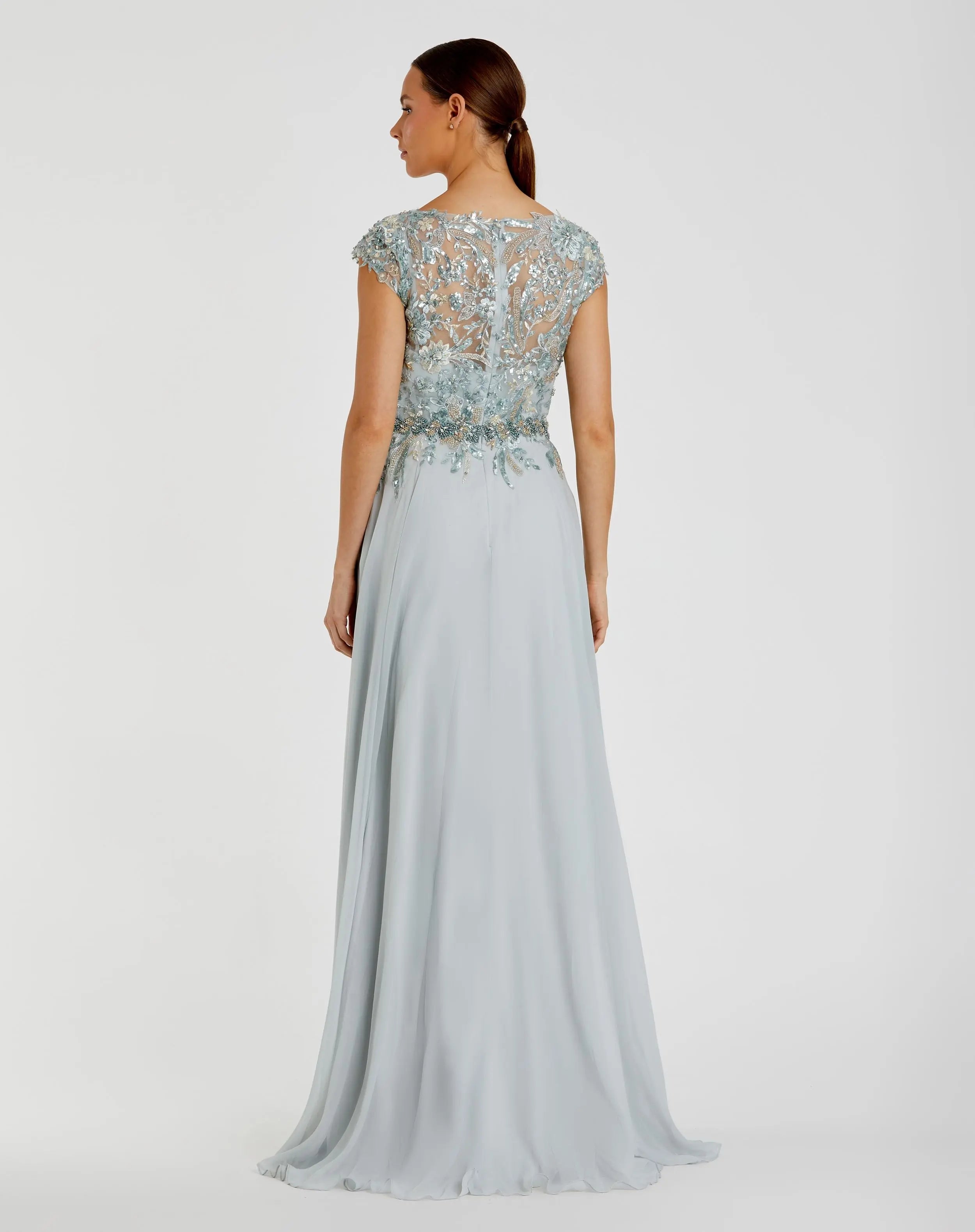 Blue Embellished Cap Sleeve Bodice Flowy Gown - Mac Duggal