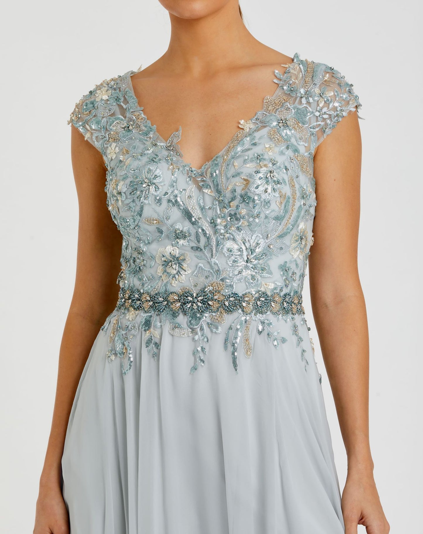 Embellished Cap Sleeve Bodice Flowy Gown