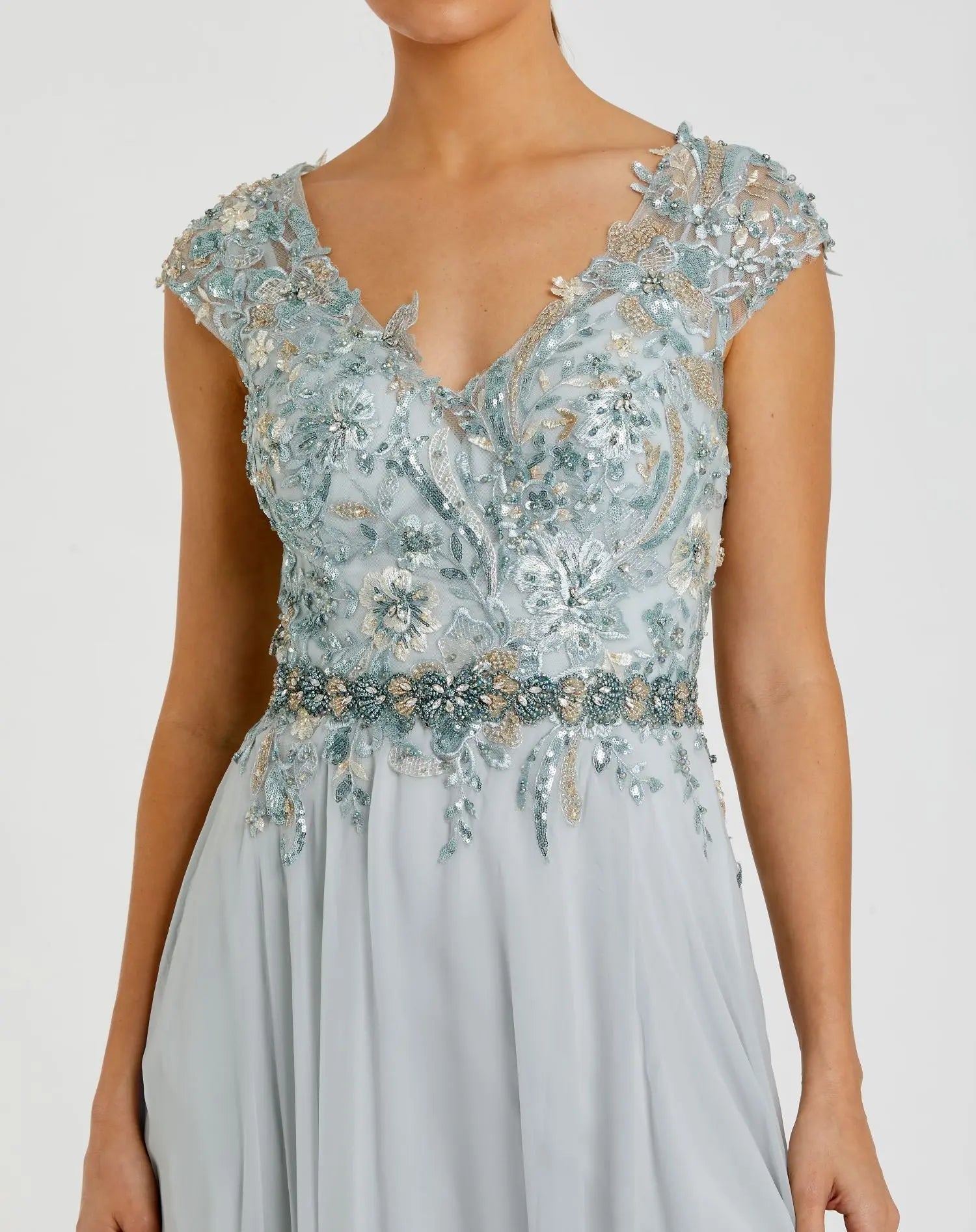 Blue Embellished Cap Sleeve Bodice Flowy Gown - Mac Duggal
