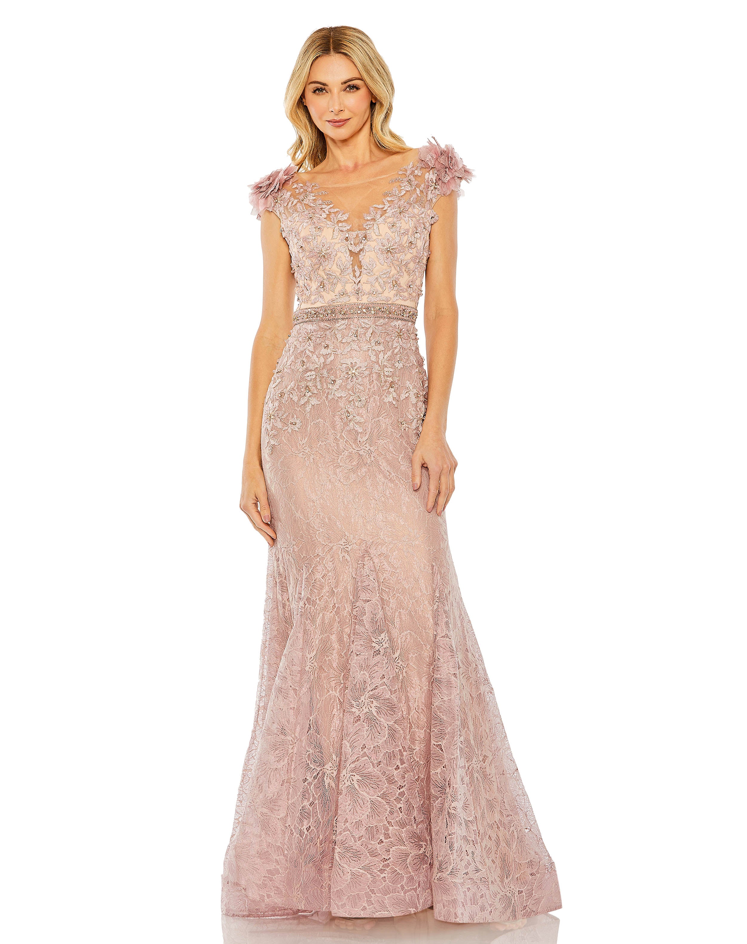 Embroidered Illusion Appliqued Bodice Trumpet Gown
